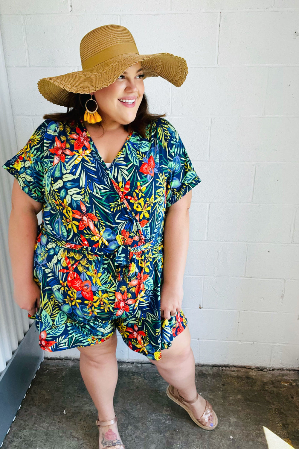 Navy Blue Tropical Floral Print Surplice Romper for Women - Summer Beach Vacation, Pool Party & Casual Outfit