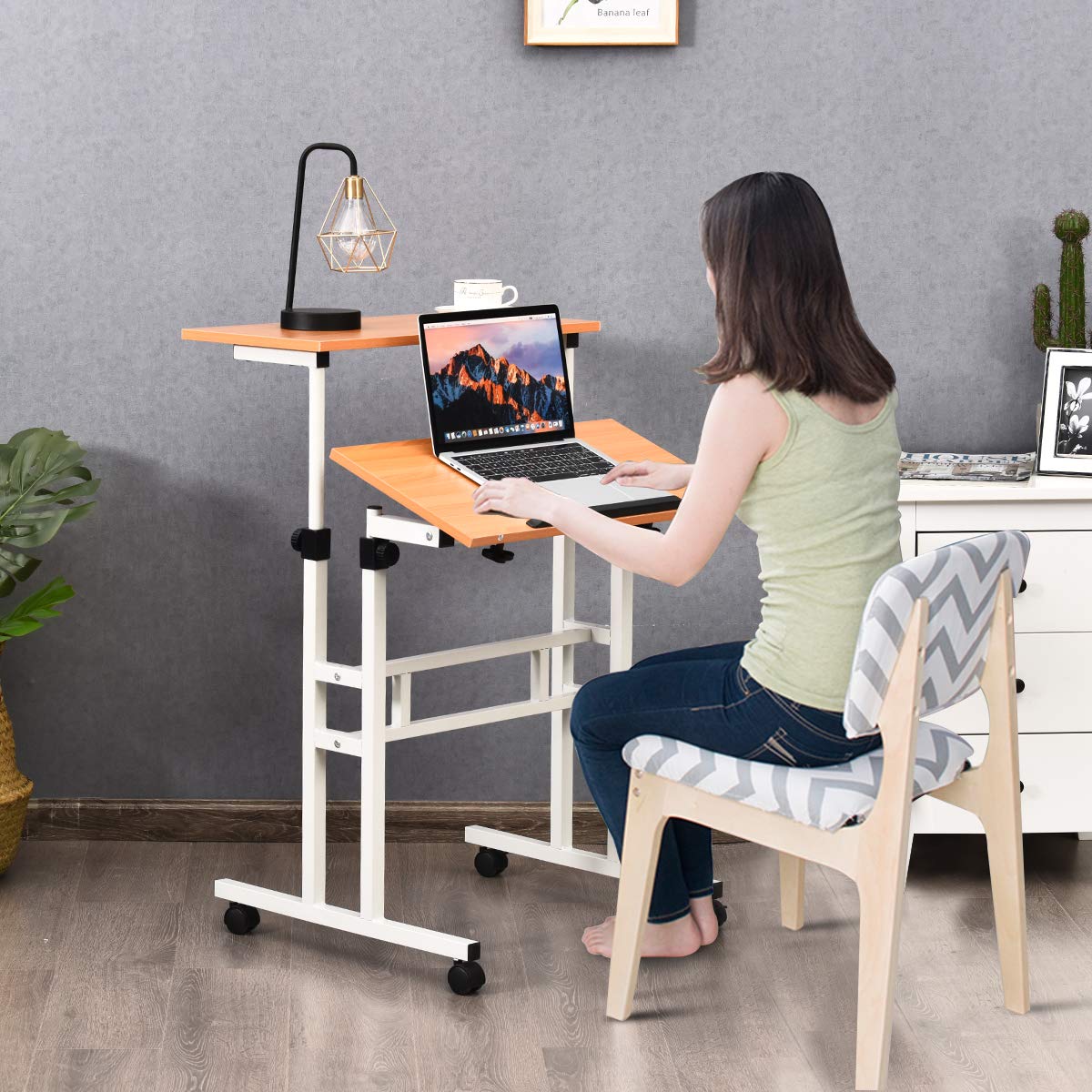 Tangkula Mobile Standing Desk - Height Adjustable Laptop Cart with Tilting Tabletop, Rolling Computer Desk with Lockable Wheels & 2 Hooks for Home Office | Perfect for Remote Work, Online Classes & Small Workspaces