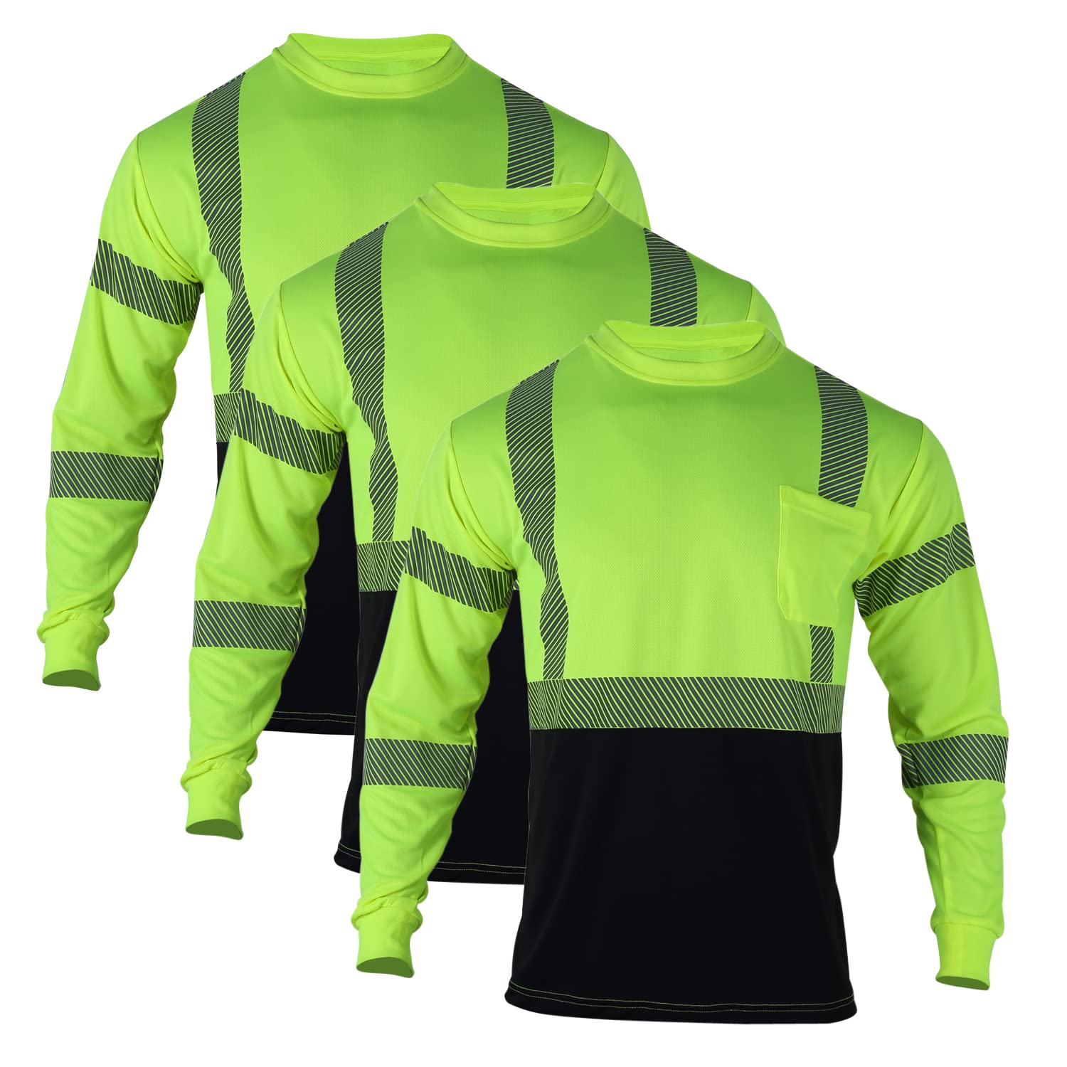 VENDACE 3-Pack High Visibility Reflective Safety Shirts - Long Sleeve Hi-Vis Work Shirts for Men (Yellow, XL) - Ideal for Construction, Road Work & Nighttime Safety