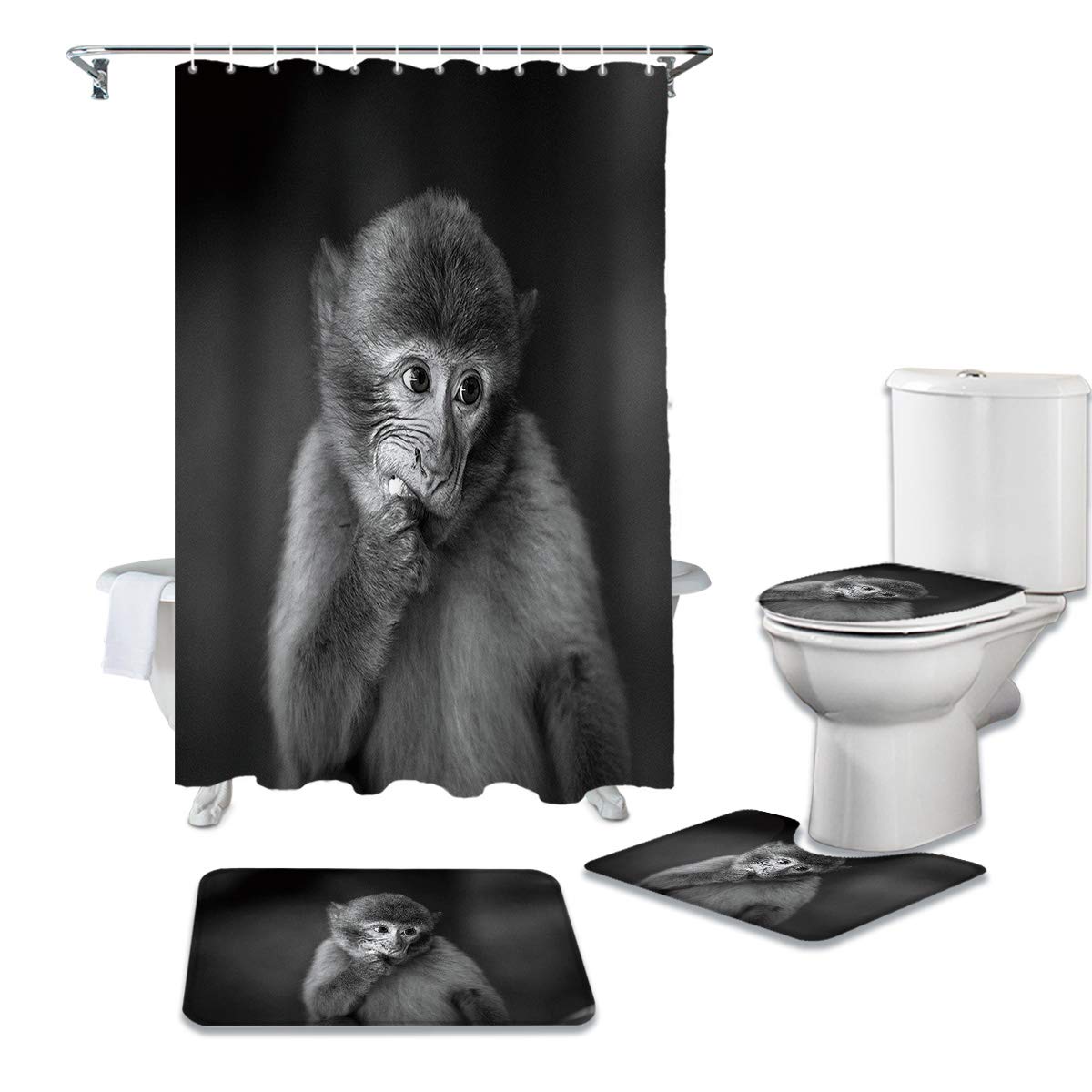 Funny Monkey Animal Shower Curtain Set - 4 Pcs Non-Slip Bath Rugs & Waterproof Shower Curtain (36x72 inch) with Hooks - Grey Bathroom Decor for Kids & Adults - Perfect for Kids' Bathrooms, Playful Home Decor & Unique Gift Ideas