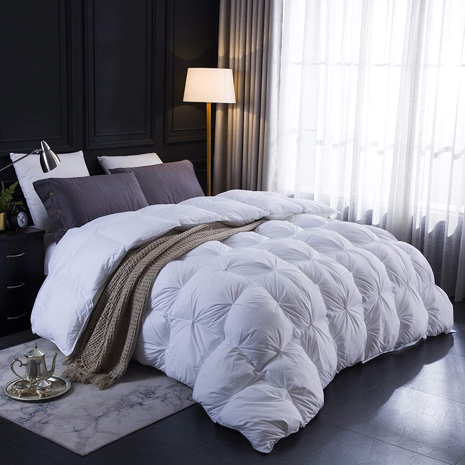 Premium 500 GSM Pinch Pleated Comforter Set with 2 Pillowcases - 100% Cotton Oversized Queen Bedding in White | Luxury Pin Tuck Alternative for Master Bedroom & Guest Room Decor