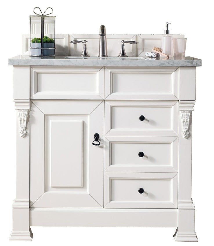 Brookfield 36 Inch Single Bathroom Vanity Set with Bright White Finish & 3CM Carrara Marble Countertop - Perfect for Modern Master Bathrooms and Guest Baths
