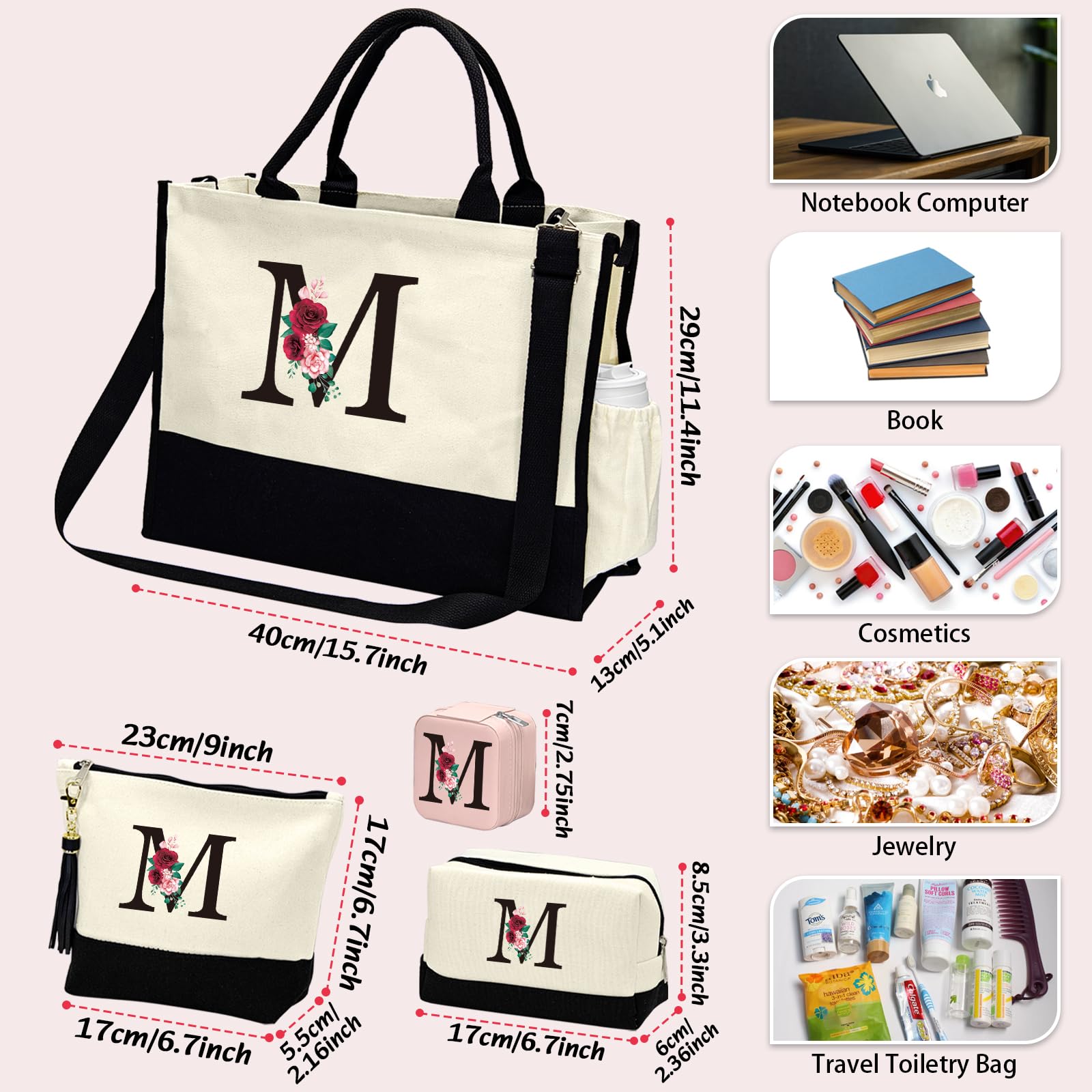 **Personalized Birthday Gift Basket for Women - Initial Canvas Tote Bag, 2 Makeup Bags & Jewelry Travel Case | Thoughtful Gifts for Mom, Grandma, Teacher | Perfect for Travel, Spa Days & Special Occasions**