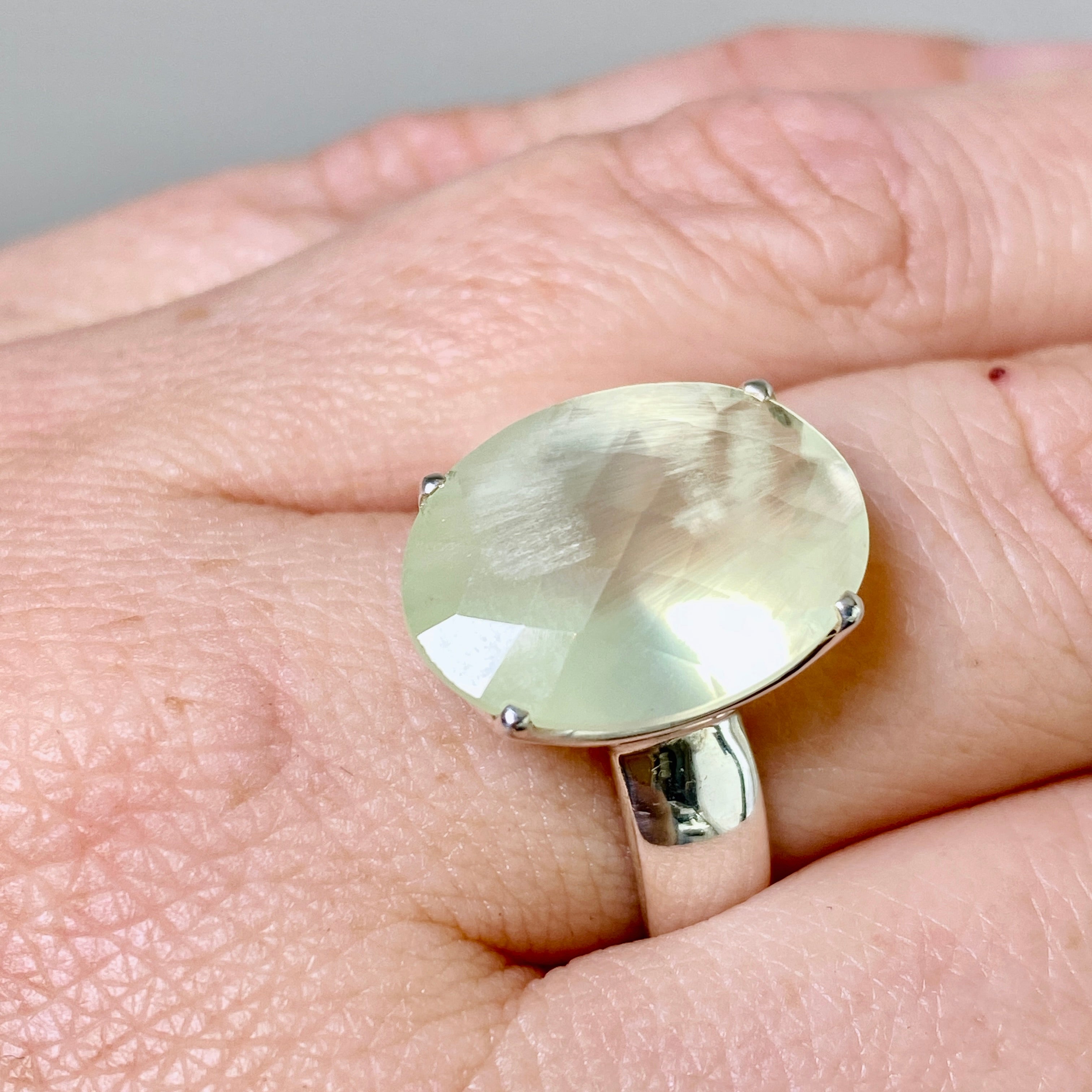 Prehnite Oval Checkerboard Faceted Ring Size 8 - Dainty Gemstone Jewelry for Women - Perfect for Everyday Wear, Gift Giving & Special Occasions