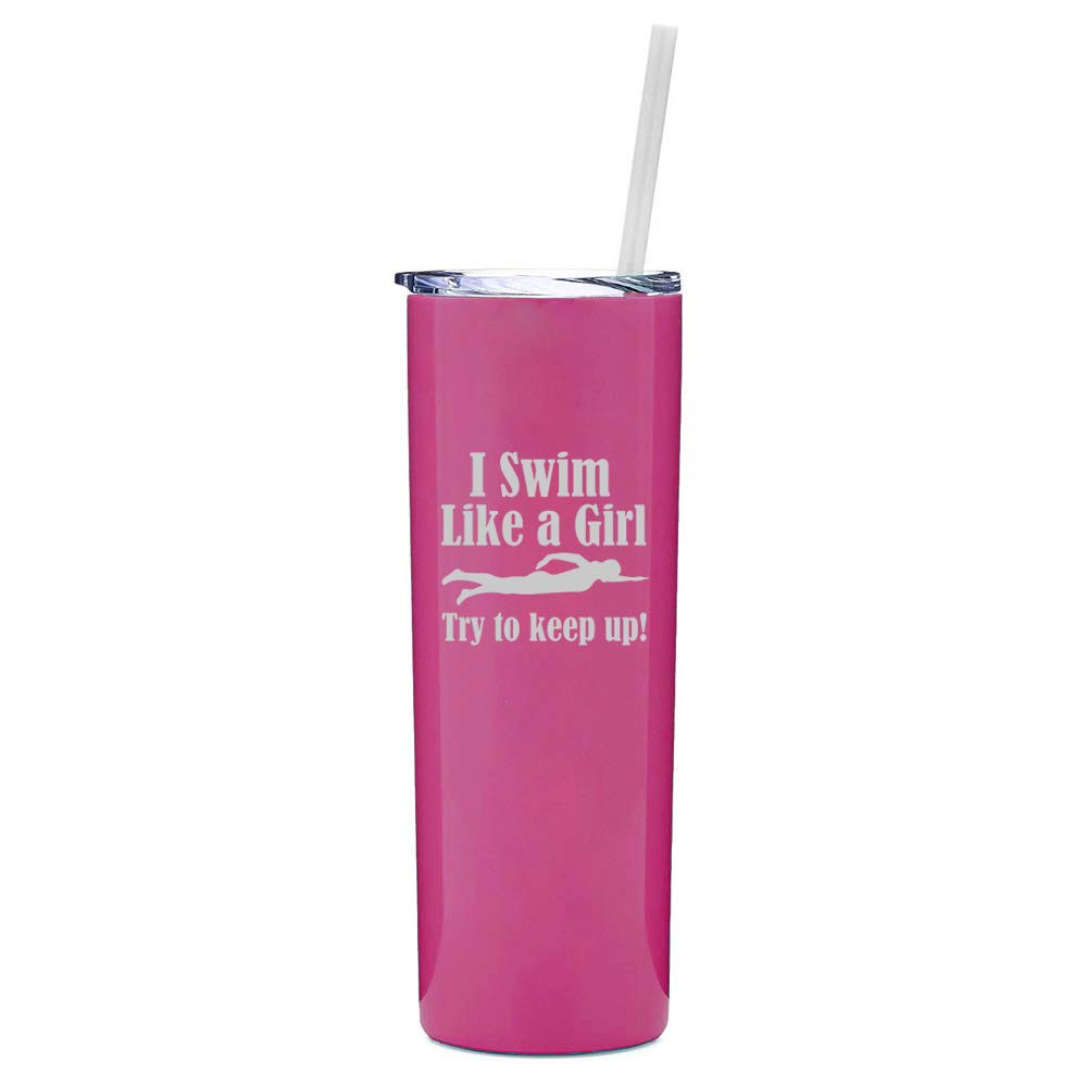 20 oz Skinny Tall Stainless Steel Vacuum Insulated Tumbler with Straw - Leakproof Travel Mug for Coffee & Iced Drinks - Swim Like A Girl Design (Hot Pink) - Perfect for Gym, Office & Outdoor Activities