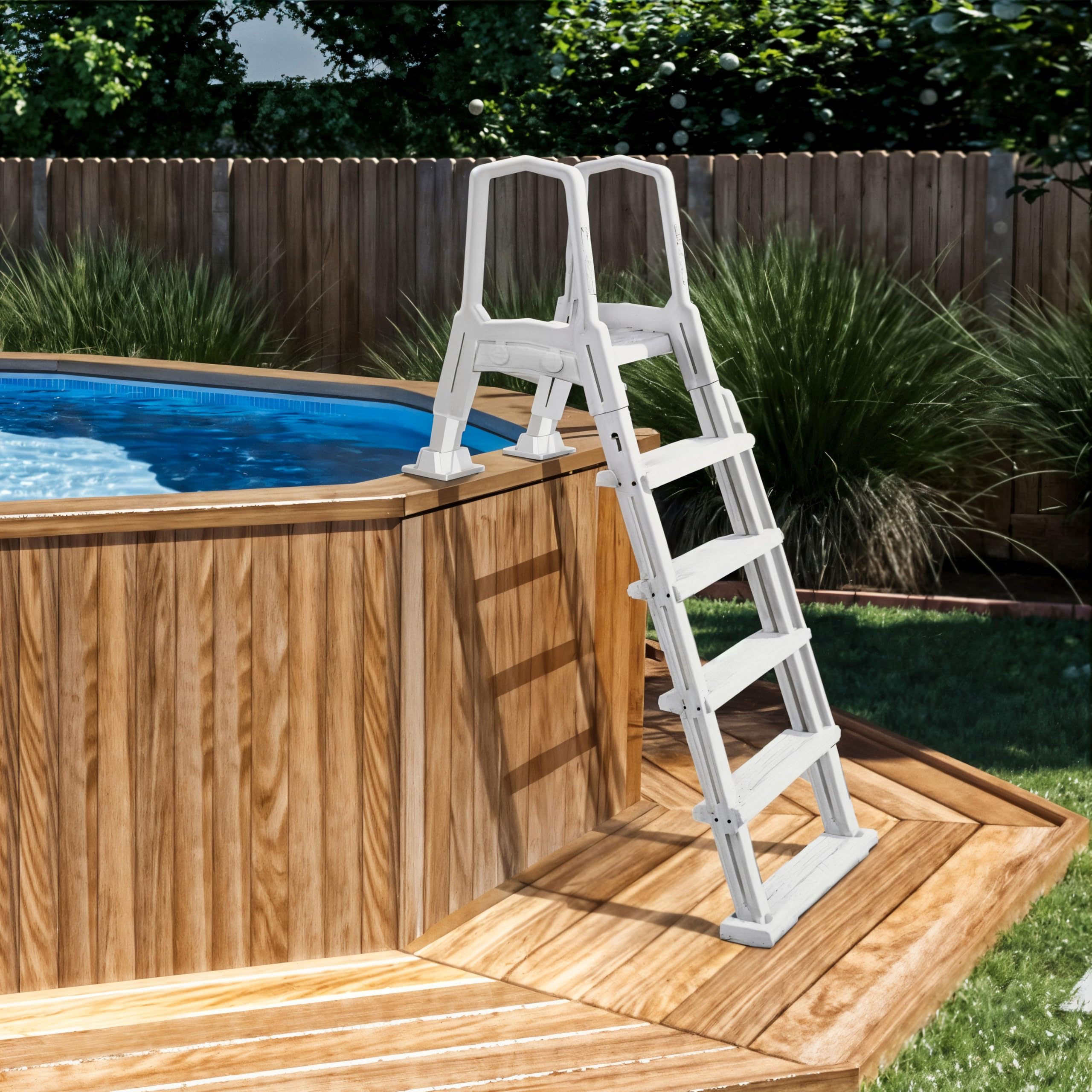 XtremepouwerUS Deluxe Adjustable In-Ground & Above Ground Swimming Pool Ladder with Non-Slip Steps - White | Perfect for Backyard Pools, Easy Entry & Exit for Adults & Kids