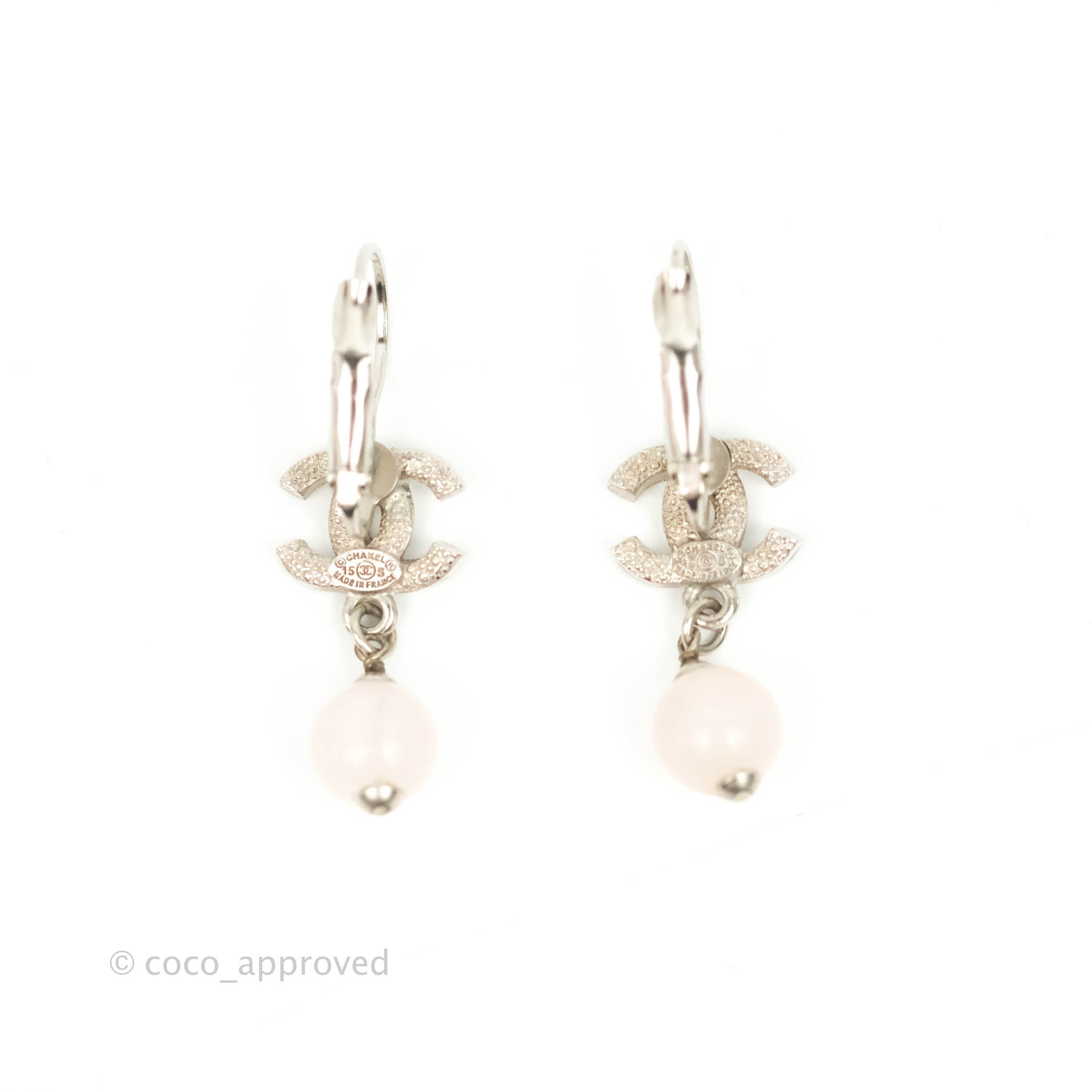 Chanel CC Rhinestone Drop Pink Resin Hoop Earrings Silver Tone 15S - Elegant Dangle Earrings for Women, Perfect for Parties, Weddings & Special Occasions