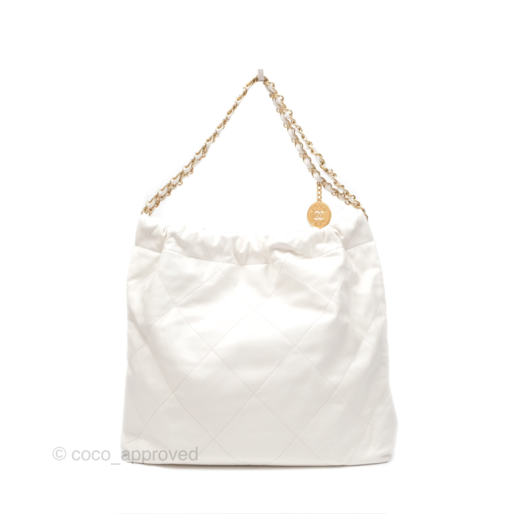 Chanel 22 Medium Handbag - White Shiny Calfskin Leather with Aged Gold Hardware | Luxury Designer Tote Bag for Women | Perfect for Work, Travel & Everyday Use