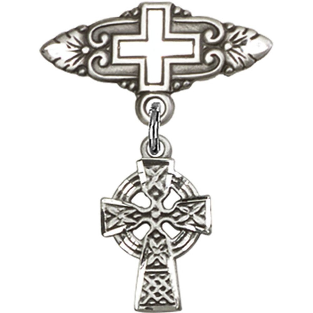 1 X 3/4 Inch Sterling Silver Baby Badge with Celtic Cross Charm - Elegant Religious Jewelry for Christening, Baptism & First Communion Gifts