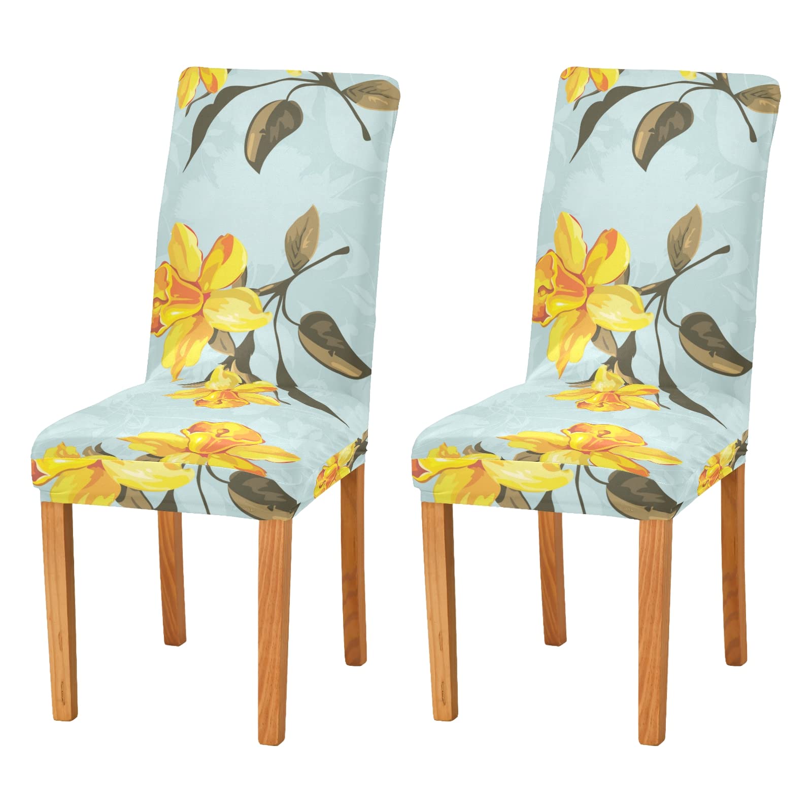 Yellow Floral Dining Chair Covers Set of 2 - Washable & Stretchable Slipcovers for Dining Chairs - Perfect for Home, Restaurant, Wedding & Party Decor