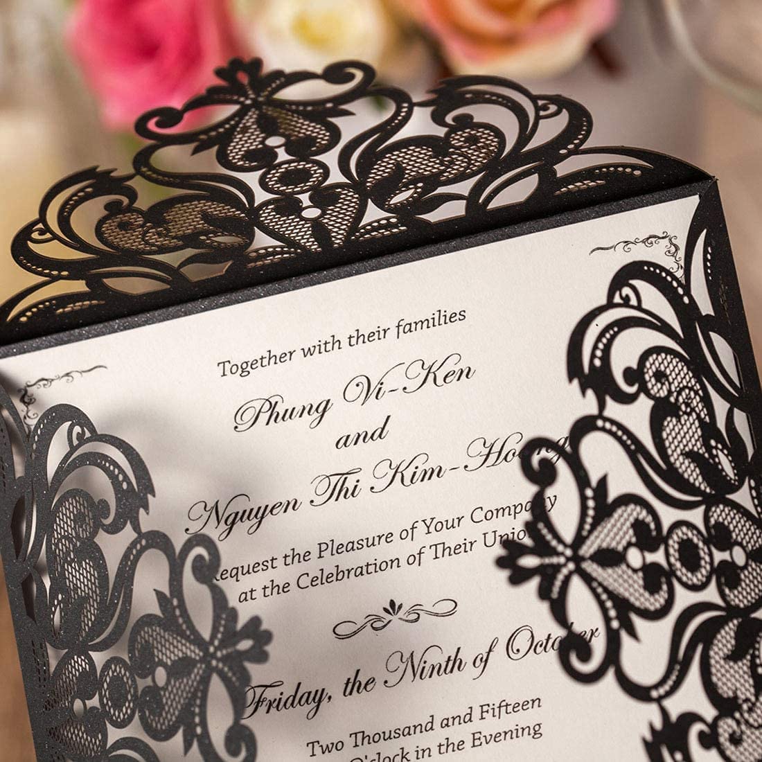 50PCS 6.3x6.3 Inch Elegant Black Lace Wedding Invitation Cards with Envelopes - Perfect for Quinceañera, Birthday, Bridal Shower & Graduation Party Invitations - Formal and Romantic Event Stationery for Special Occasions