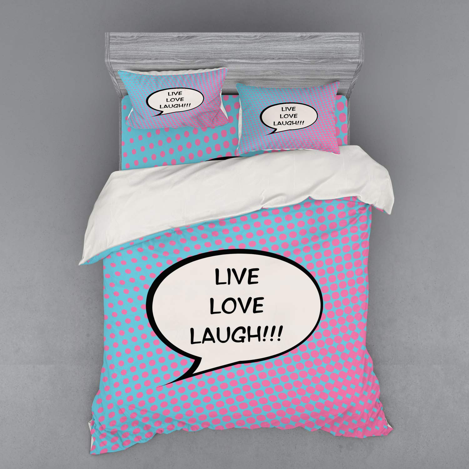 Ambesonne Live Laugh Love 4-Piece Queen Bedding Set - Pop Art Comic Style Duvet Cover with Shams & Fitted Sheet, Retro Halftone Dots & Speech Balloon Design, Multicolor - Perfect for Teen Rooms, Dorm Decor & Vintage Themed Bedrooms