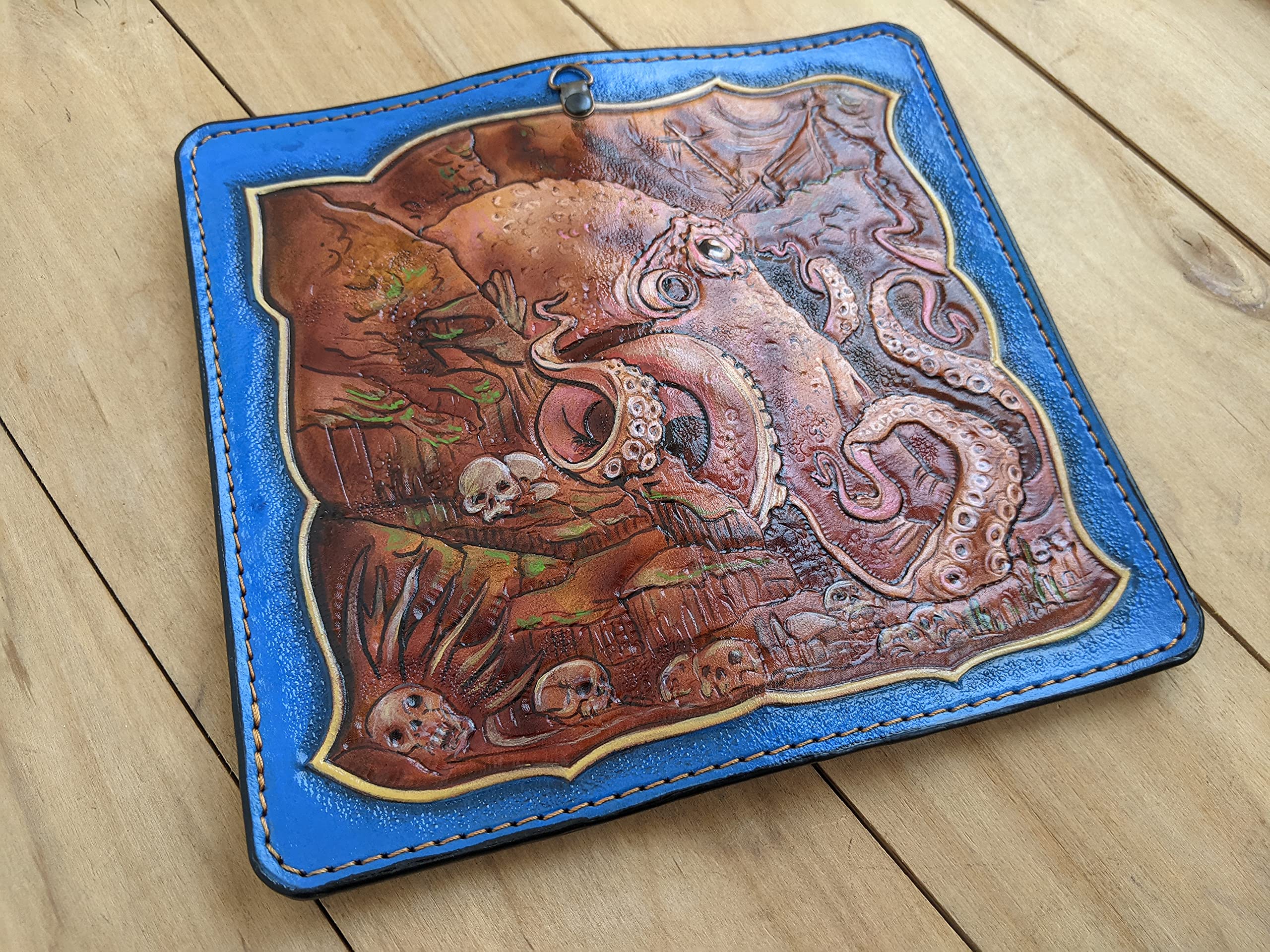 Handcrafted 3D Genuine Leather Men's Wallet - Biker Style Long Wallet with Intricate Octopus Carving & Custom Personalization | Perfect for Motorcycle Enthusiasts & Unique Gift Giving