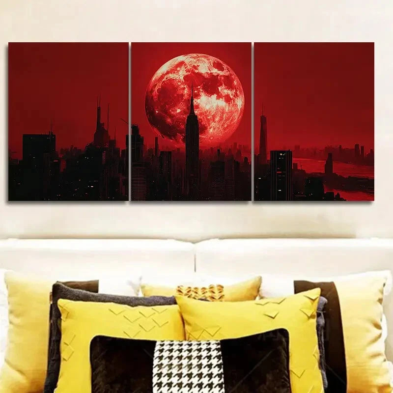 3-Piece Big Red Moon Cityscape Wall Art Set - Framed Canvas Prints 40x60cm (16x24in) - High Quality Australian Made Wall Decor - Perfect for Living Room, Bedroom & Office Decor