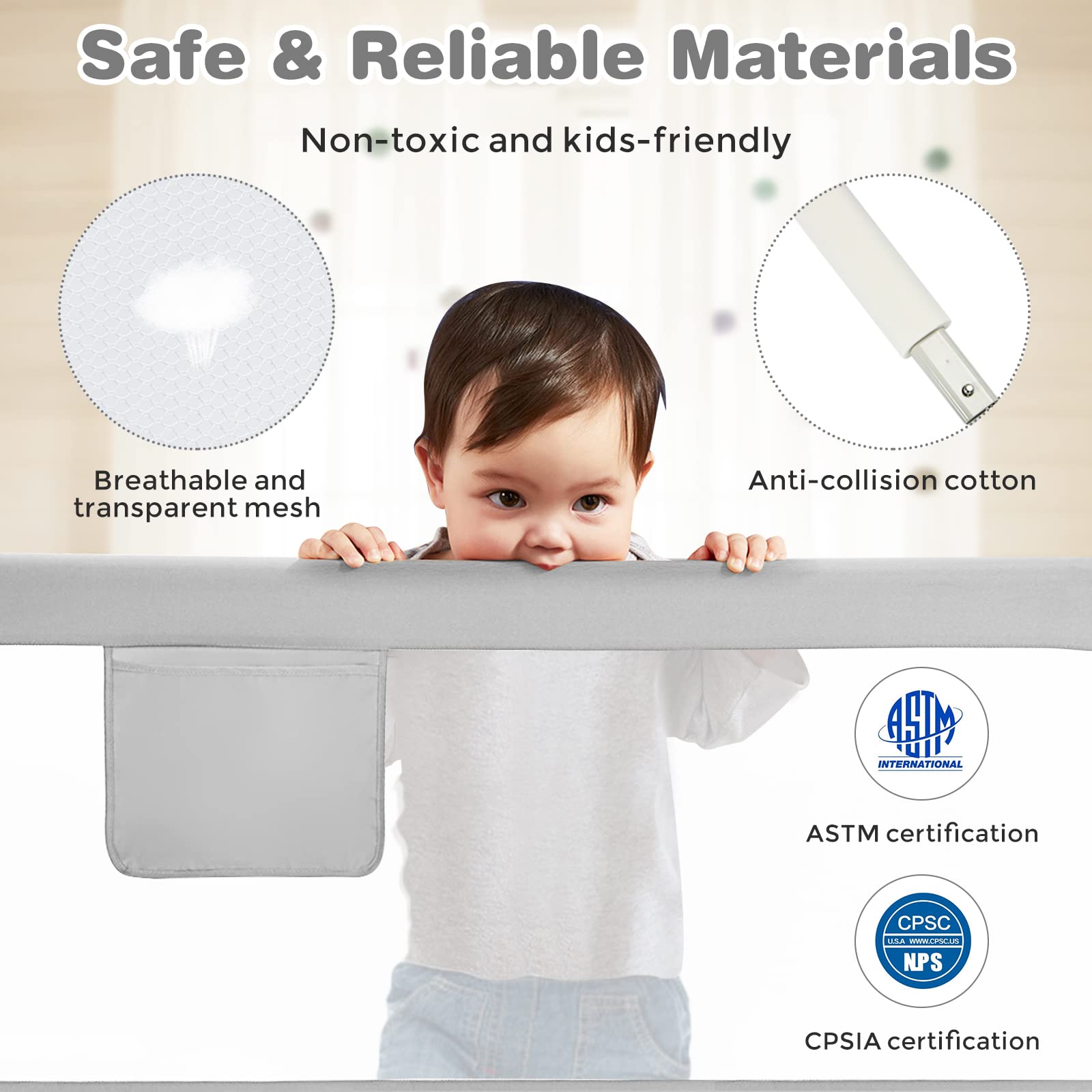 HONEY JOY 57-inch Extra Long Toddler Bed Rail - Portable Safety Guardrail with Side Pocket for Baby & Kids - Fits King, Queen, Full & Twin Size Mattresses (Gray) - Perfect for Travel, Home & Daycare Use