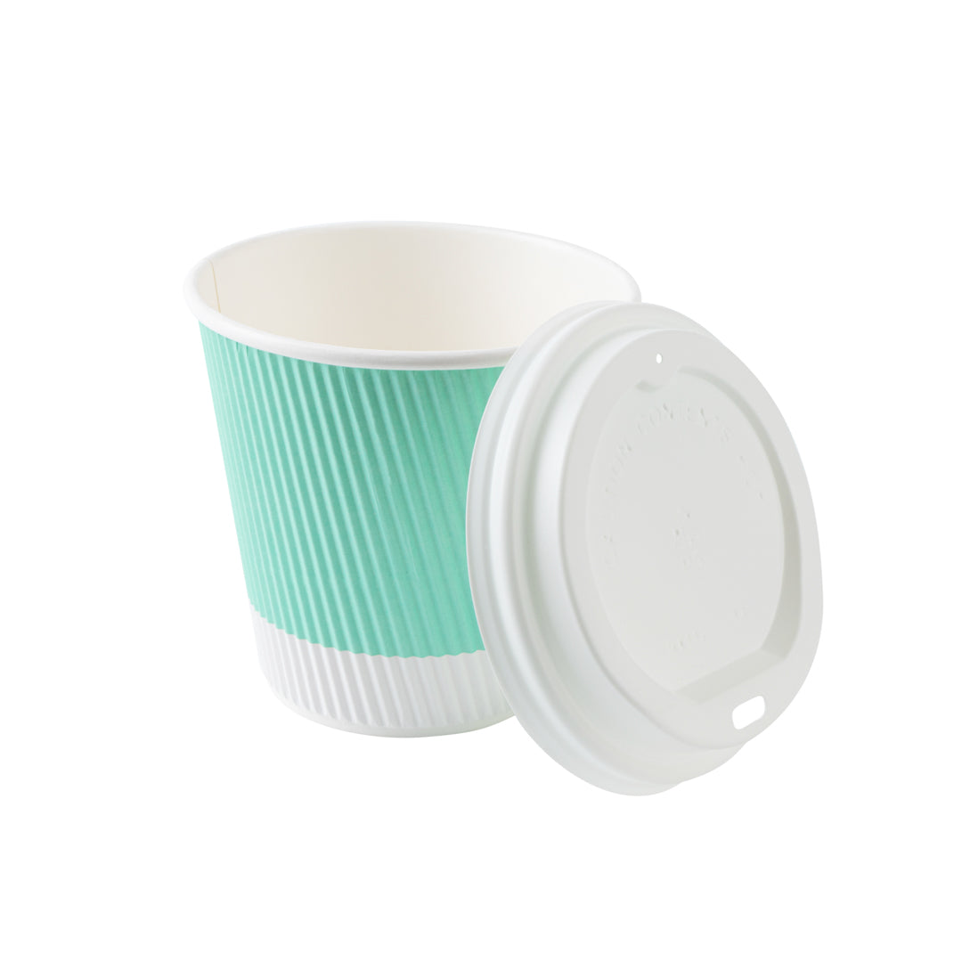 Eco-Friendly 8 oz Light Green Ripple Wall Paper Coffee Cups with White Lids - 3.5