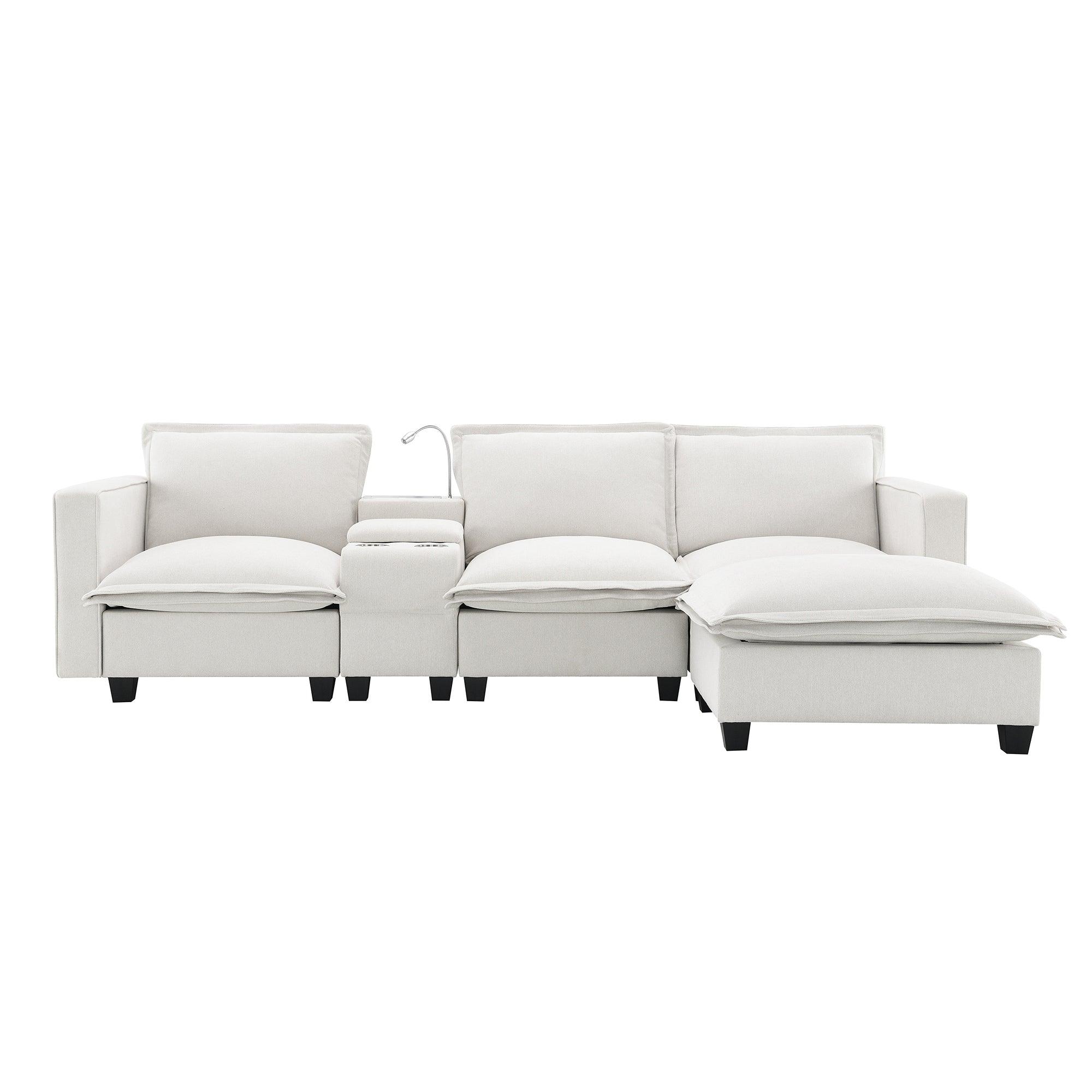 Modern 4-Seat Chenille Modular Sectional Sofa with Console, USB Charging Port, Reading Light & Cup Holders - Cloud Couch for Living Room, Apartment (2 Colors) | Perfect for Family Gatherings, Movie Nights & Small Space Living
