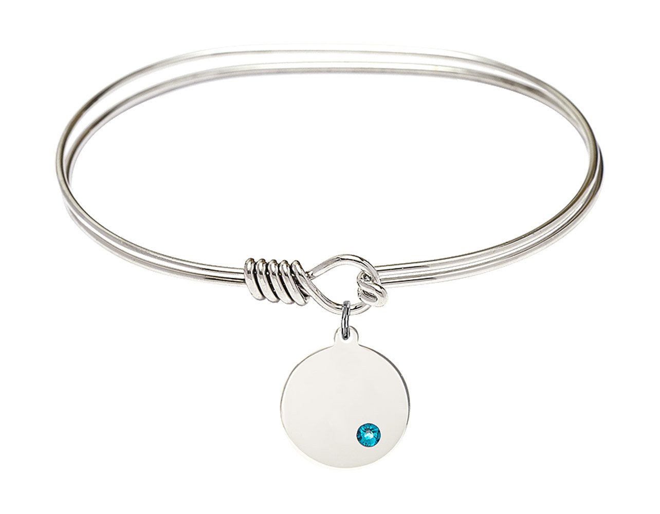 7 Inch Oval Eye Hook Bangle Bracelet with Plain Disc Charm & December Blue Crystal - Elegant Jewelry for Women, Perfect for Parties, Weddings, and Everyday Wear