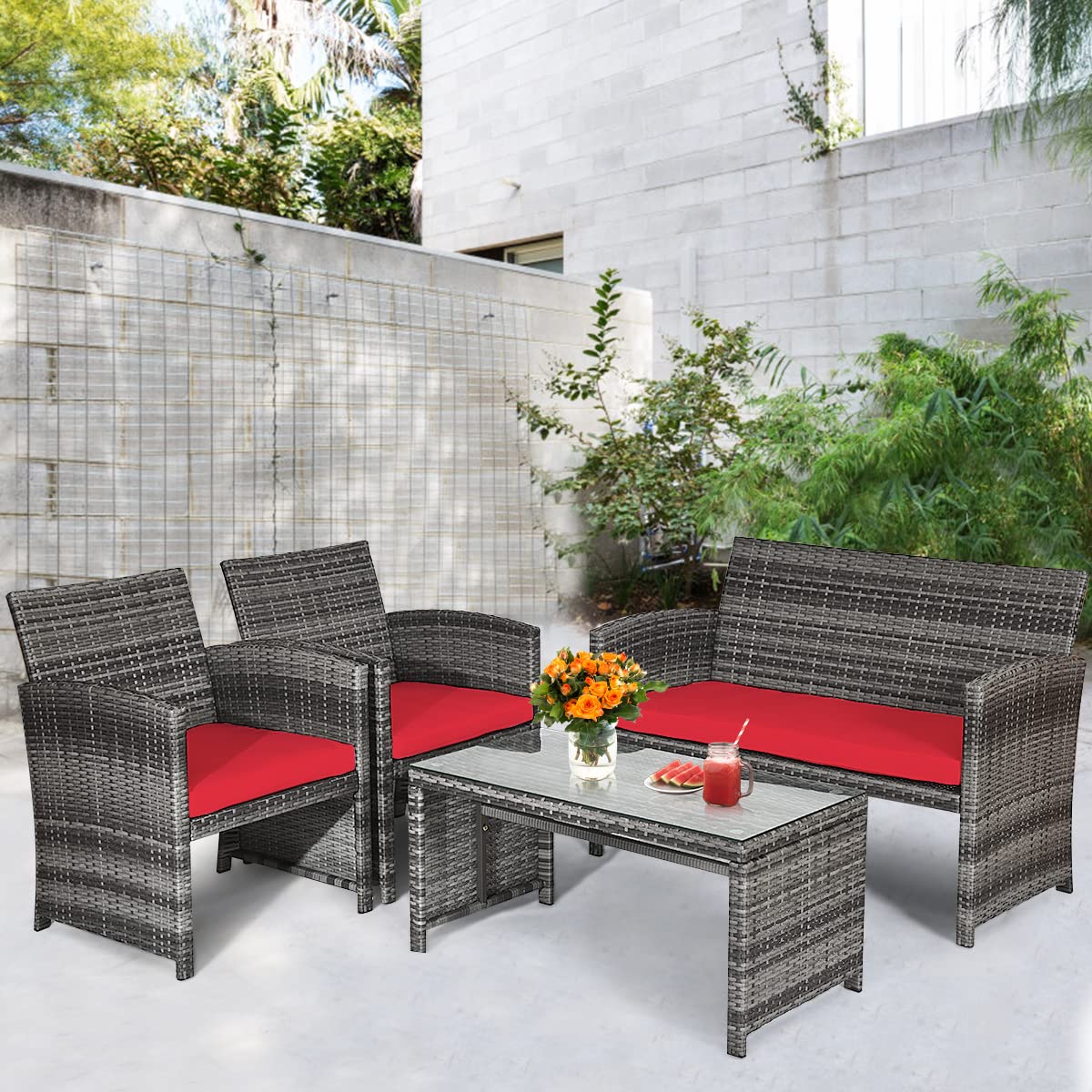 **HAPPYGRILL 4-Piece Patio Conversation Set with Soft Cushions - PE Wicker Rattan Sofa Chairs & Coffee Table - Outdoor Furniture for Garden, Poolside, Porch, Backyard (Perfect for Relaxing & Entertaining)**