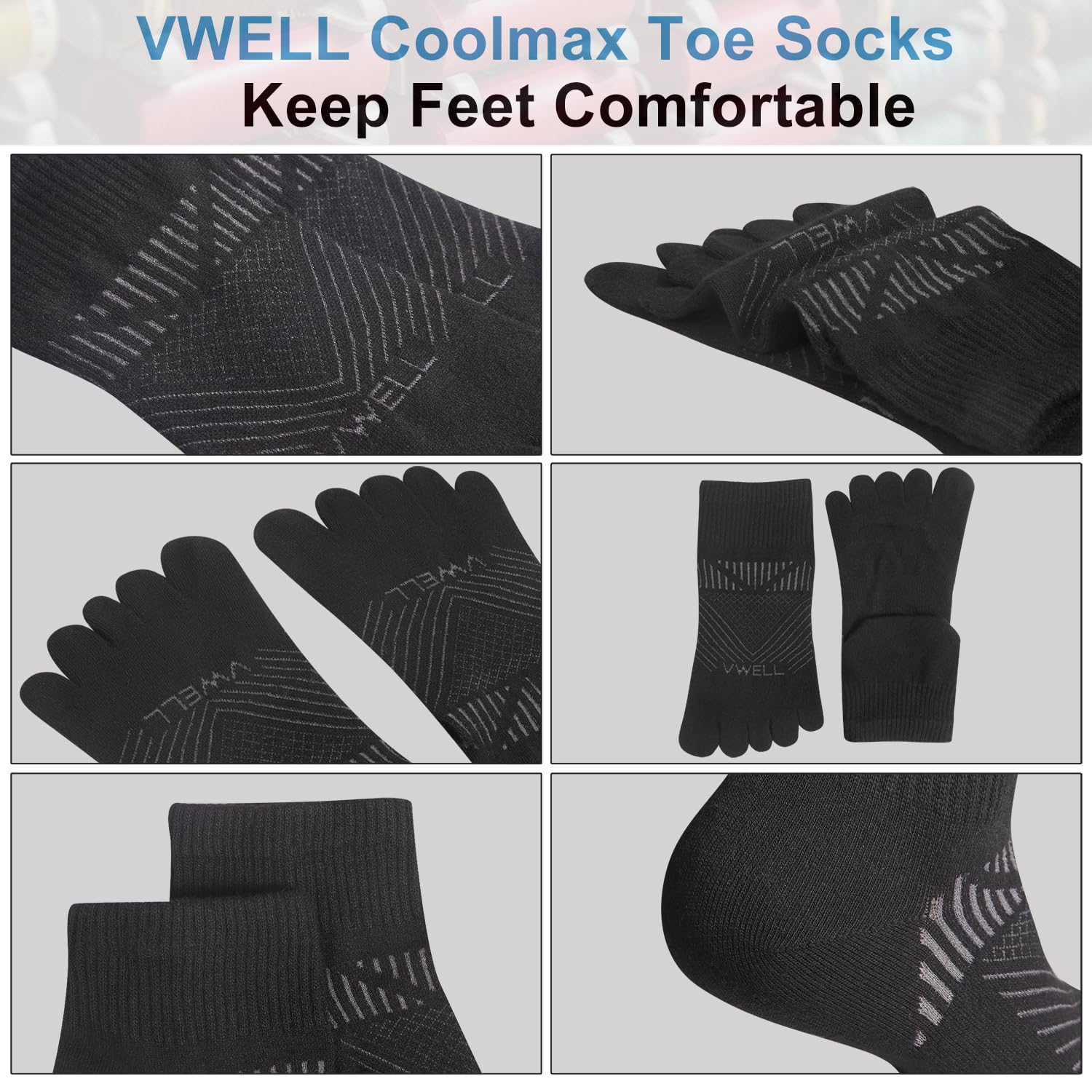 VWELL COOLMAX Athletic Toe Socks for Men & Women - 3 Pairs of Breathable Five Finger Running Socks for Sports, Yoga & Outdoor Activities