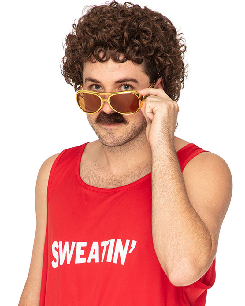 70s Disco Deluxe Perm Curly Brown Wig with Mustache - Vintage Costume Wig for Halloween, Cosplay & Themed Parties - Perfect for 70s Disco Nights & Retro Costume Events