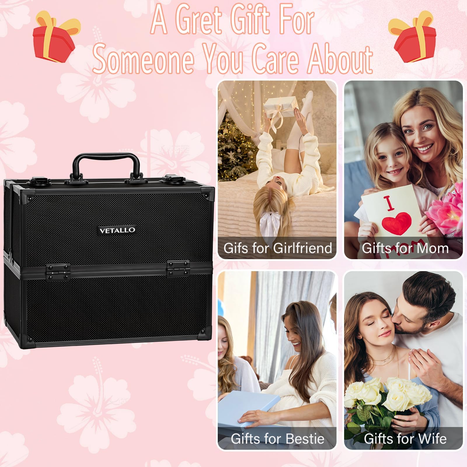 VETALLO Large Travel Makeup Case Organizer - Portable Cosmetic Train Case with Mirror | Professional Makeup Storage Box | Perfect Birthday Gift for Women & Bestie (Black) | Ideal for Travel, Salon Professionals & Home Organization