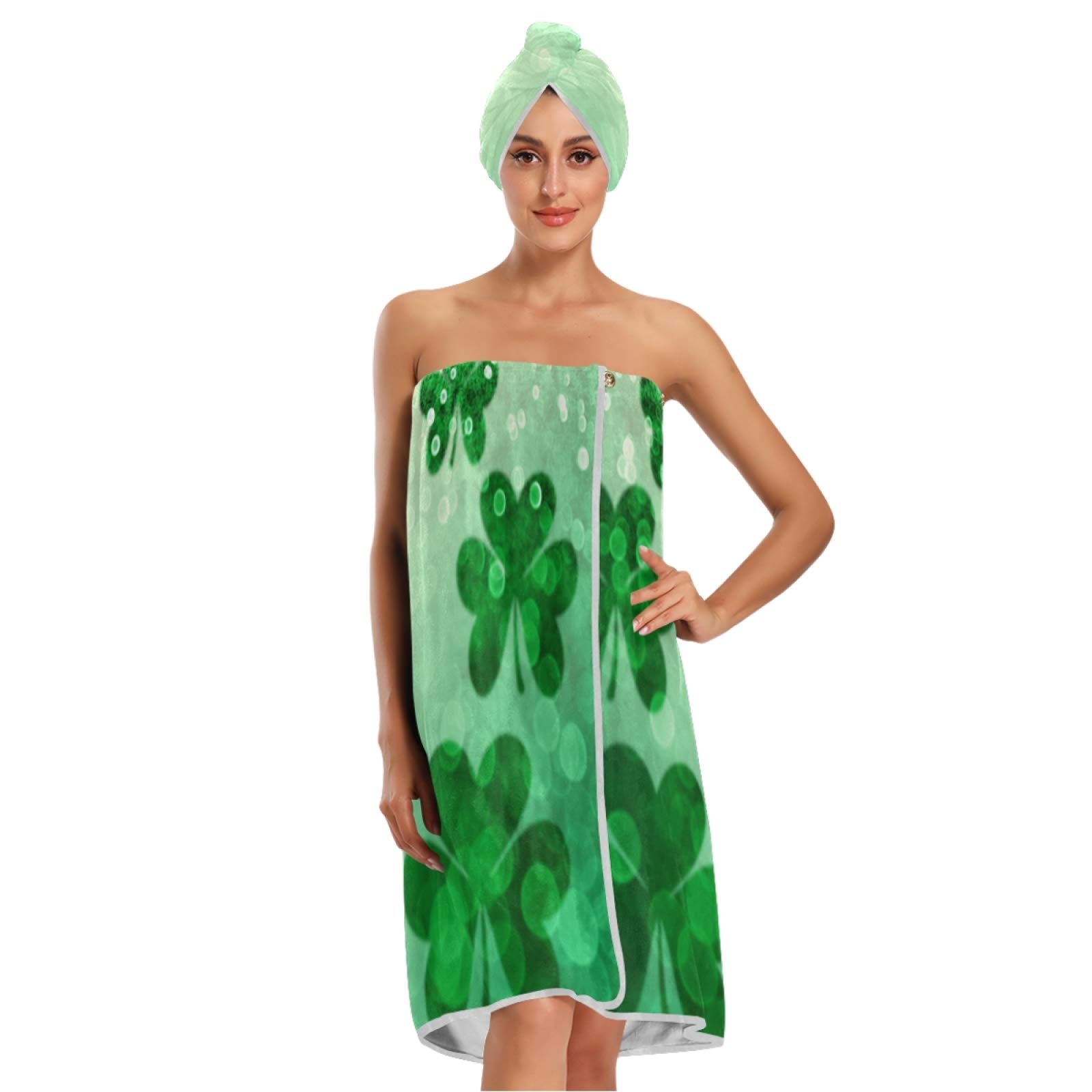 Qilmy Easter Day Bath Towel Head Wrap Set for Women - Adjustable Closure Bathrobe & Wearable Bathing Tube Dress - Spa Cover Up Towels for Shower - Green Clover - Perfect for Easter Gifts, Spa Days & Beach Cover-Ups