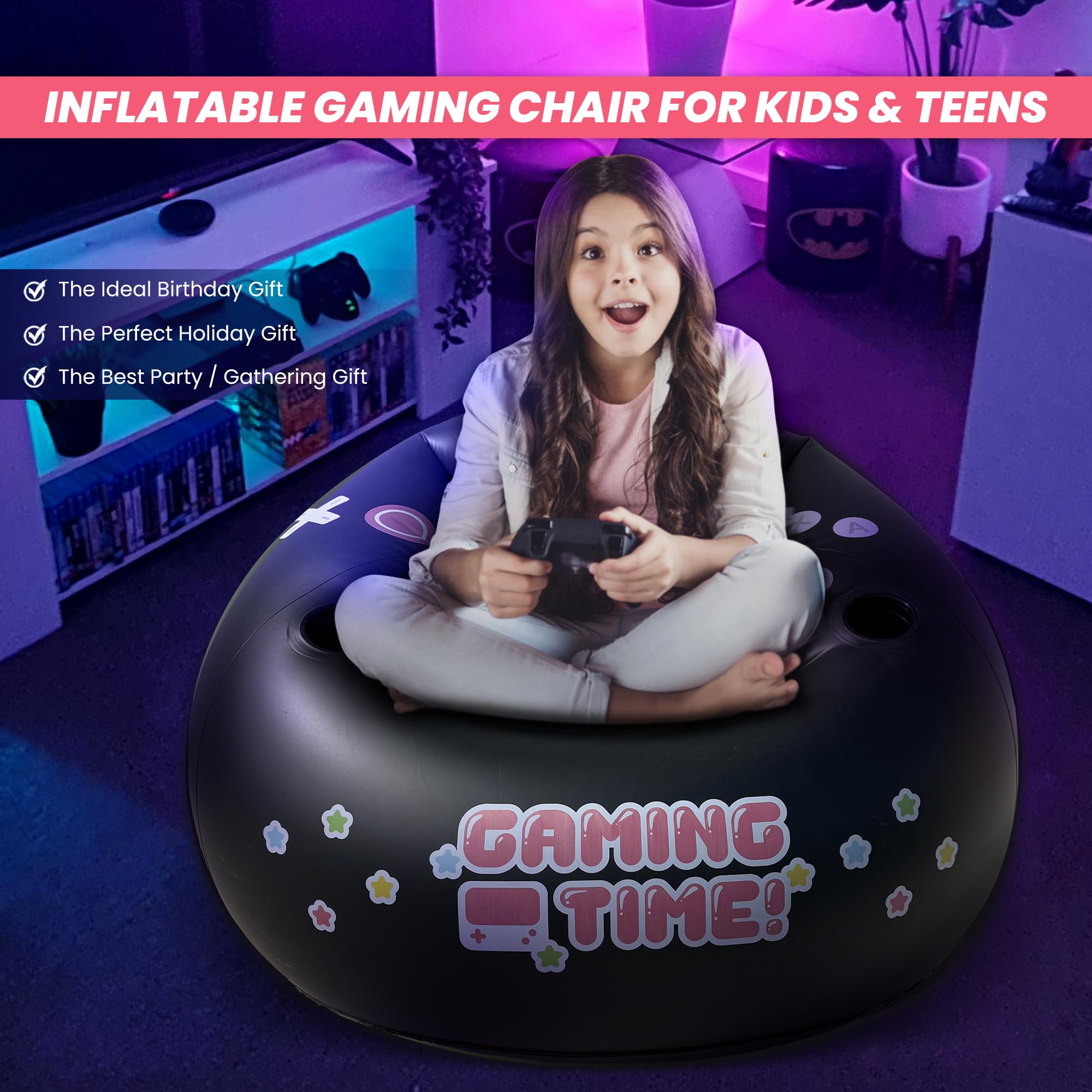 Inflatable Gaming Chair for Kids & Teens - Comfortable Bean Bag Chair with Cup Holders & Side Pocket - Ergonomic Gaming Seat for Boys & Girls Ages 4-12 - Perfect for Bedroom, Game Room & Dorm Decor