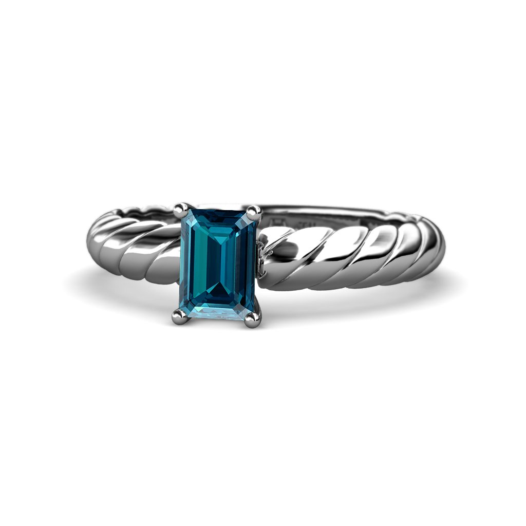 London Blue Topaz 7x5mm Emerald Cut Solitaire Rope Engagement Ring - 0.90 Carat 14K White Gold Wedding Band for Women - Perfect for Proposals, Anniversaries & Special Occasions