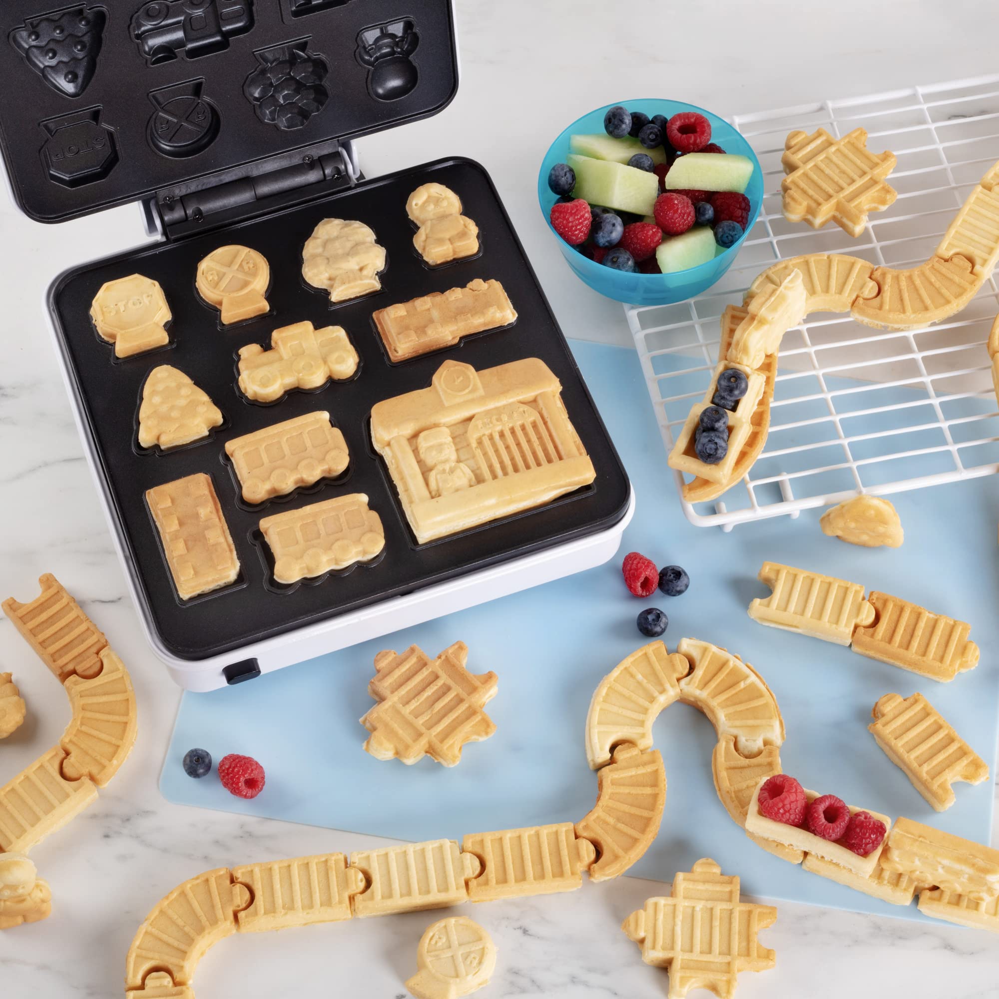 Electric Train Set Waffle Maker - Nonstick Waffle Iron with 4 Removable Dishwasher-Safe Plates for Fun Family Breakfast - Create Train-Shaped Waffles, Pancakes & Tracks - Includes Recipes - Perfect Kids Gift for Birthday & Holiday Breakfast