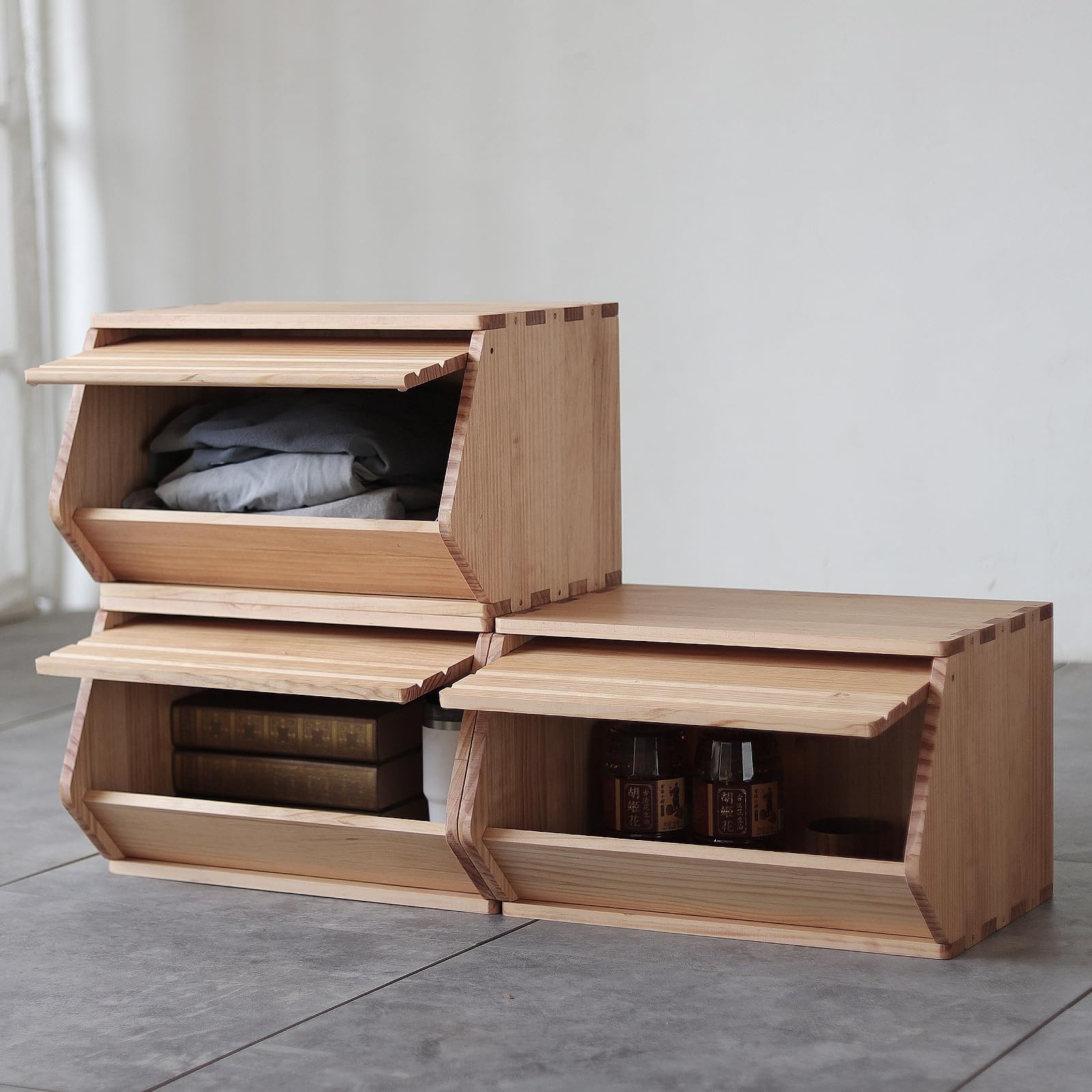 Stackable Solid Wood Storage Chests - Modular Entryway Cabinet & Toy Box with Lids (3 Pack, 19.5