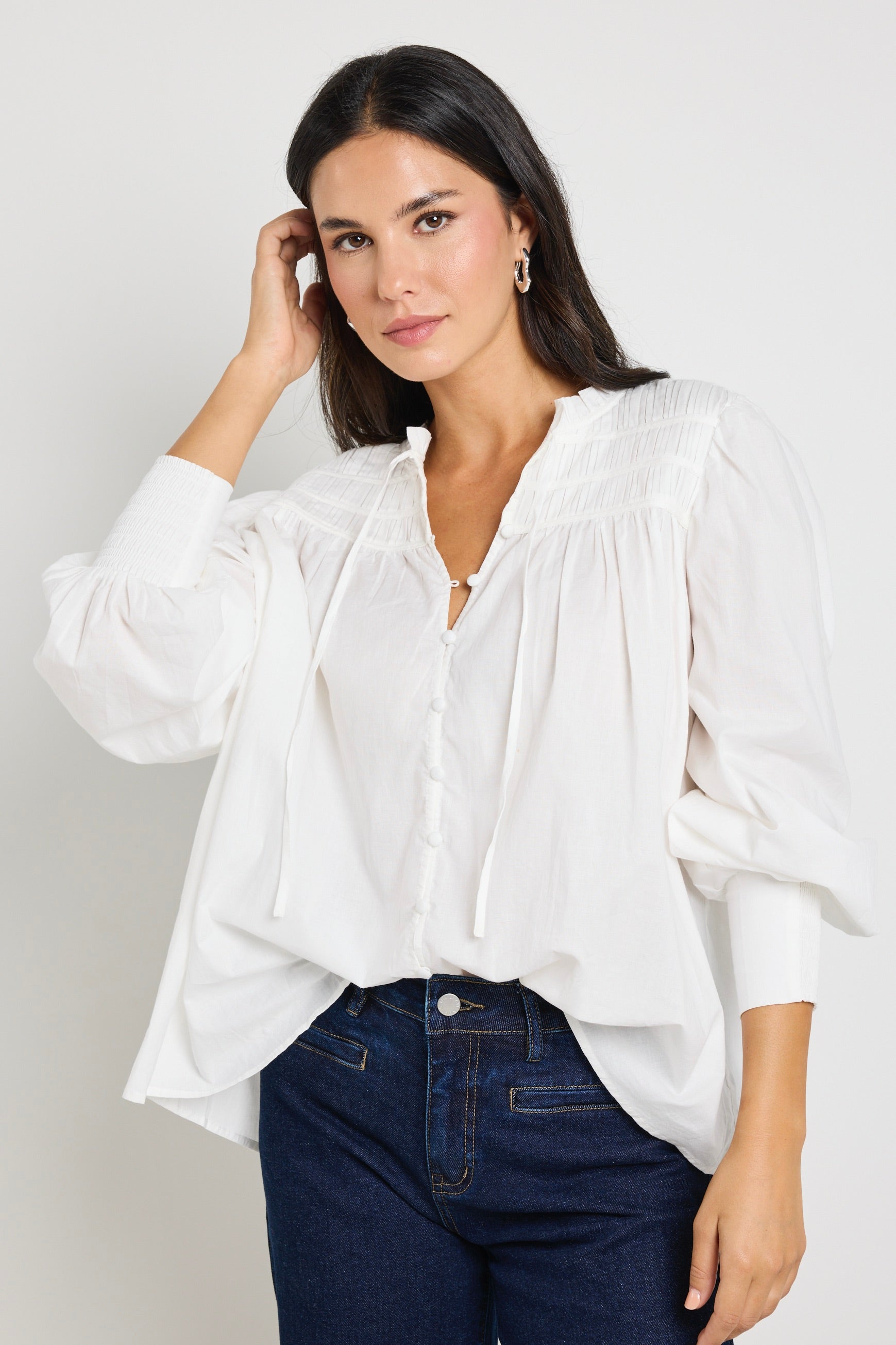 Elegant Creator Ivory Voile Pintuck Long Sleeve Blouse for Women | Office Wear & Casual Outfits
