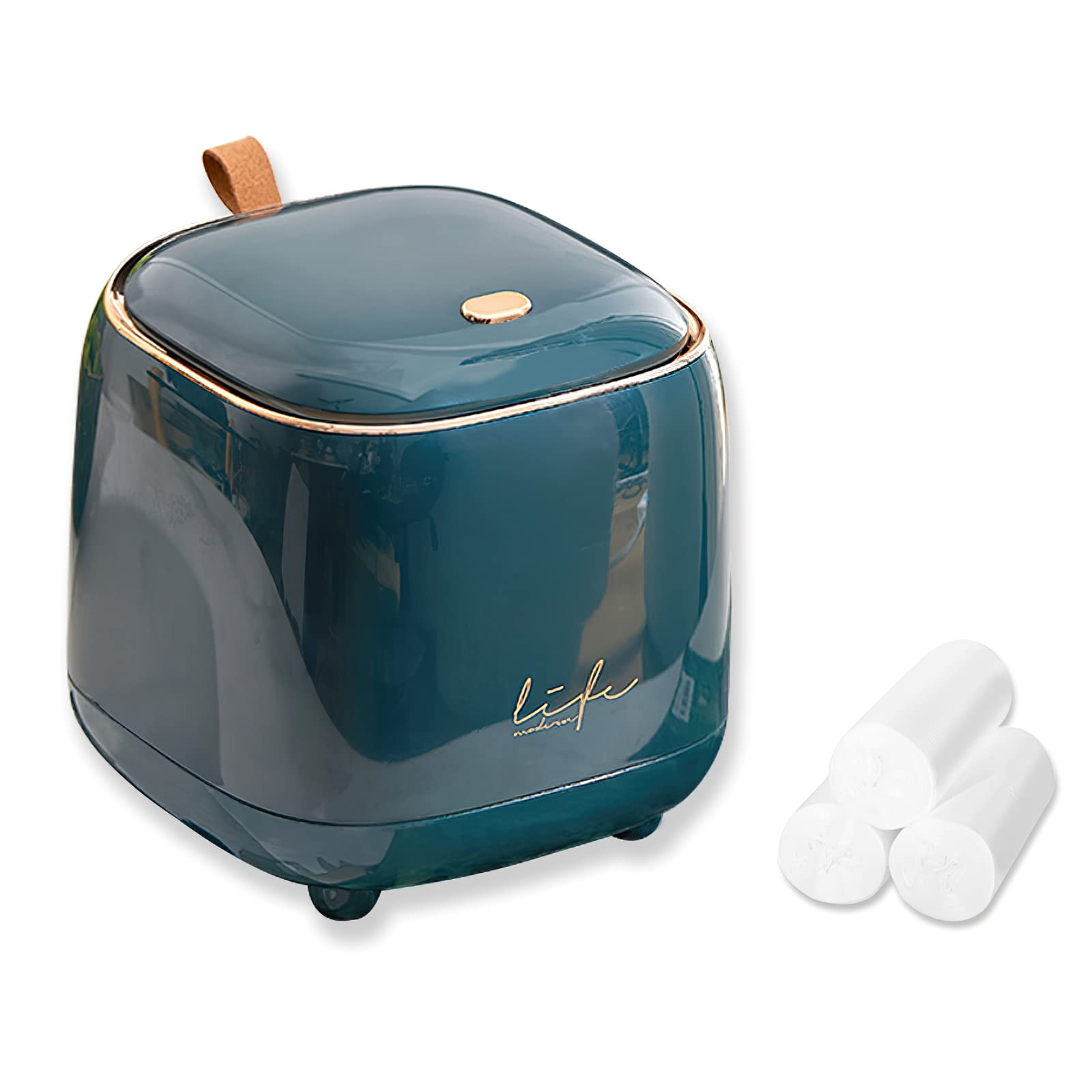 Mini Countertop Trash Can with 3 Rolls of Trash Bags - Press Type Lid Small Waste Bin for Bathroom, Office, Bedroom & Kitchen - Compact Desktop Garbage Can (Light Green) | Perfect for Vanity, Coffee Table & Workspace Organization