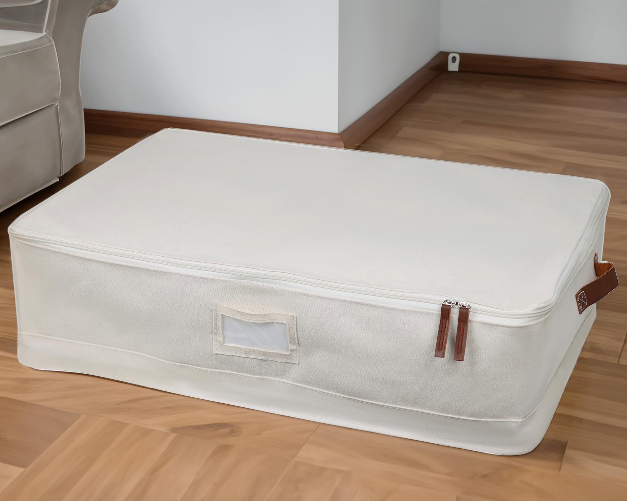 Large Canvas Clothes Storage Bag with Zipper & PU Leather Handles - Heavy Duty Closet Organizer for Seasonal Clothing, Blankets & Linens - Decorative Storage Bin with Label for Bedroom, Closet & Travel