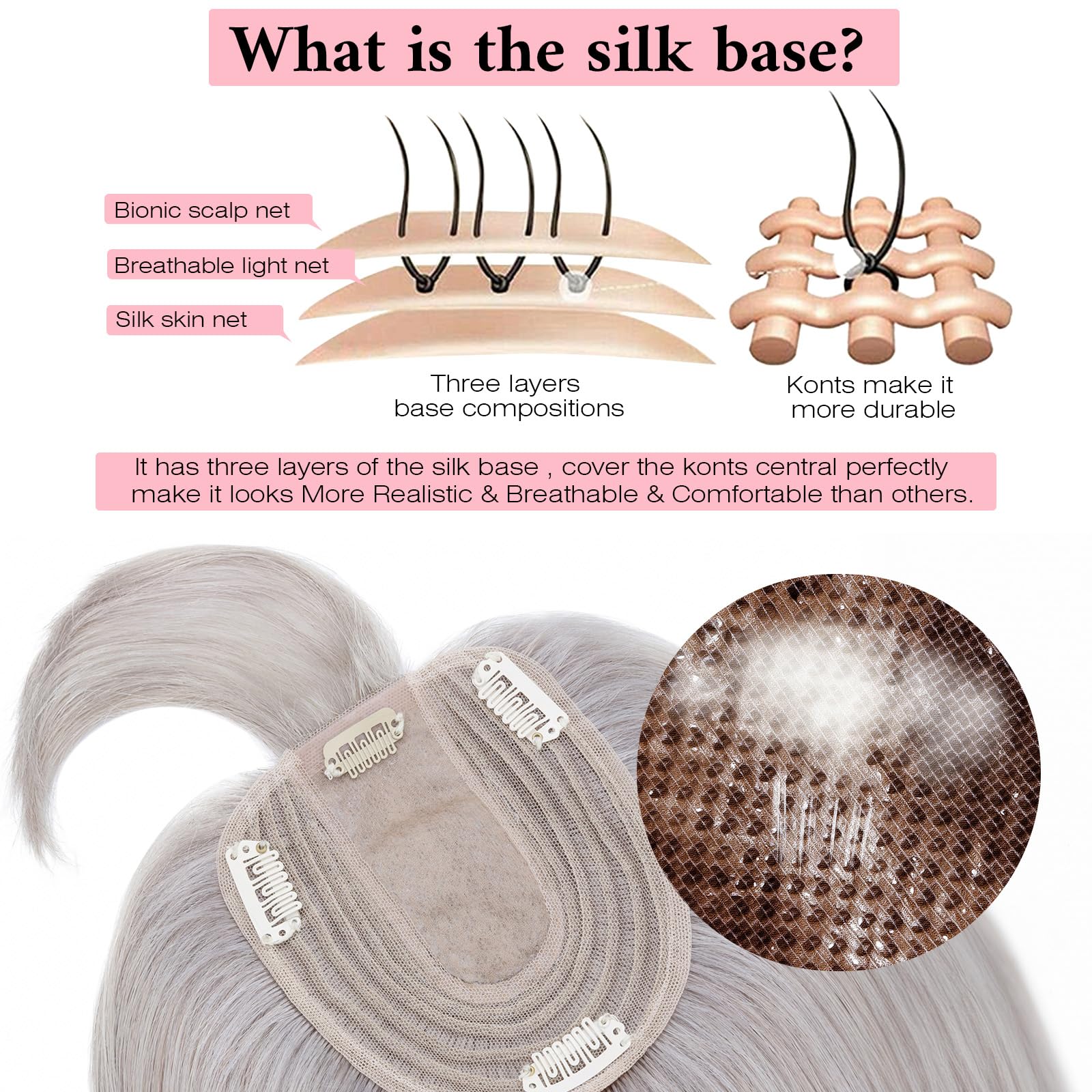 SEGO 100% Real Human Hair Toppers with Bangs - Silk Base 150% Density Clip-in Hairpiece (2.7”x5.1”) for Women with Thinning Hair & Hair Loss - Natural Gray Coverage | Perfect for Daily Wear, Special Occasions & Hair Volume Enhancement