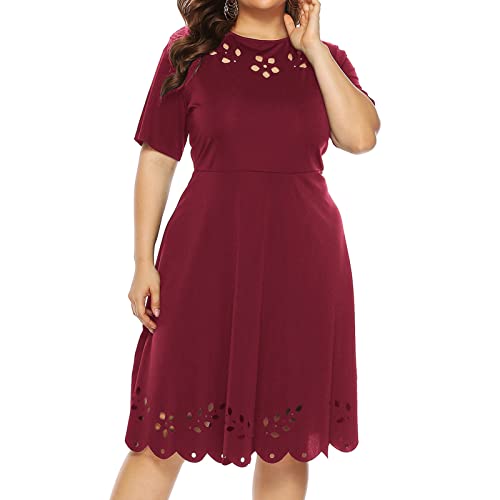 hoksml Women's T-Shirt Dress - Plain Hollow Out Round Neck Short Sleeve Knee Length Casual Dress, Plus Size Summer Beach Dress for Women | Perfect for Beach Outings, Vacations & Casual Wear