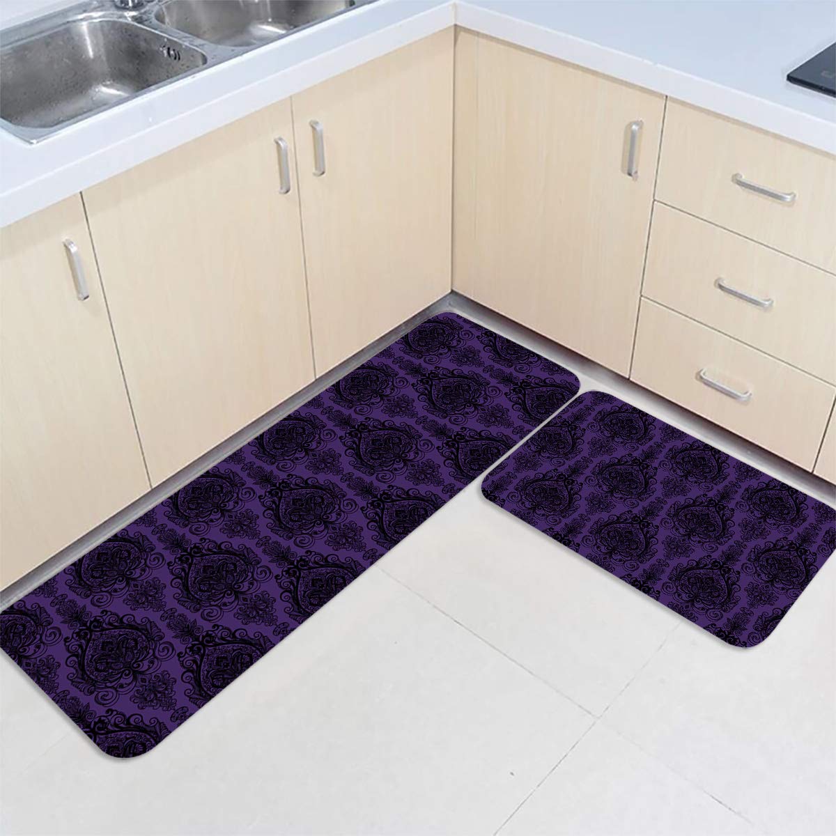 Non-Slip Geometric Kitchen Rug Set of 2 - Waterproof Floor Mats for Kitchen, Bathroom & Doorway | Baroque Victorian Renaissance Pattern in Purple & Black | Perfect for High-Traffic Areas & Spill-Prone Spaces
