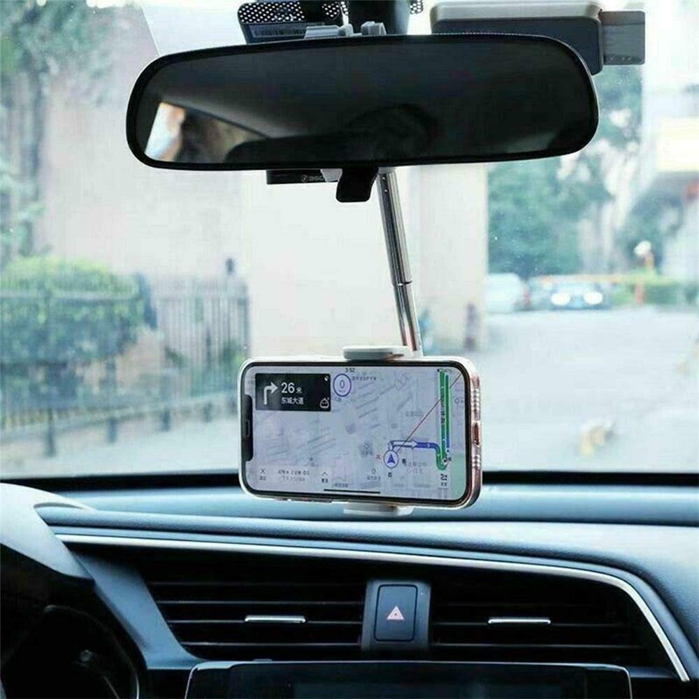 360° Adjustable Universal Car Phone Holder - Telescopic Rearview Mirror Mount for iPhone, Samsung & GPS Navigation - Perfect for Hands-Free Driving & Road Trips (Black)
