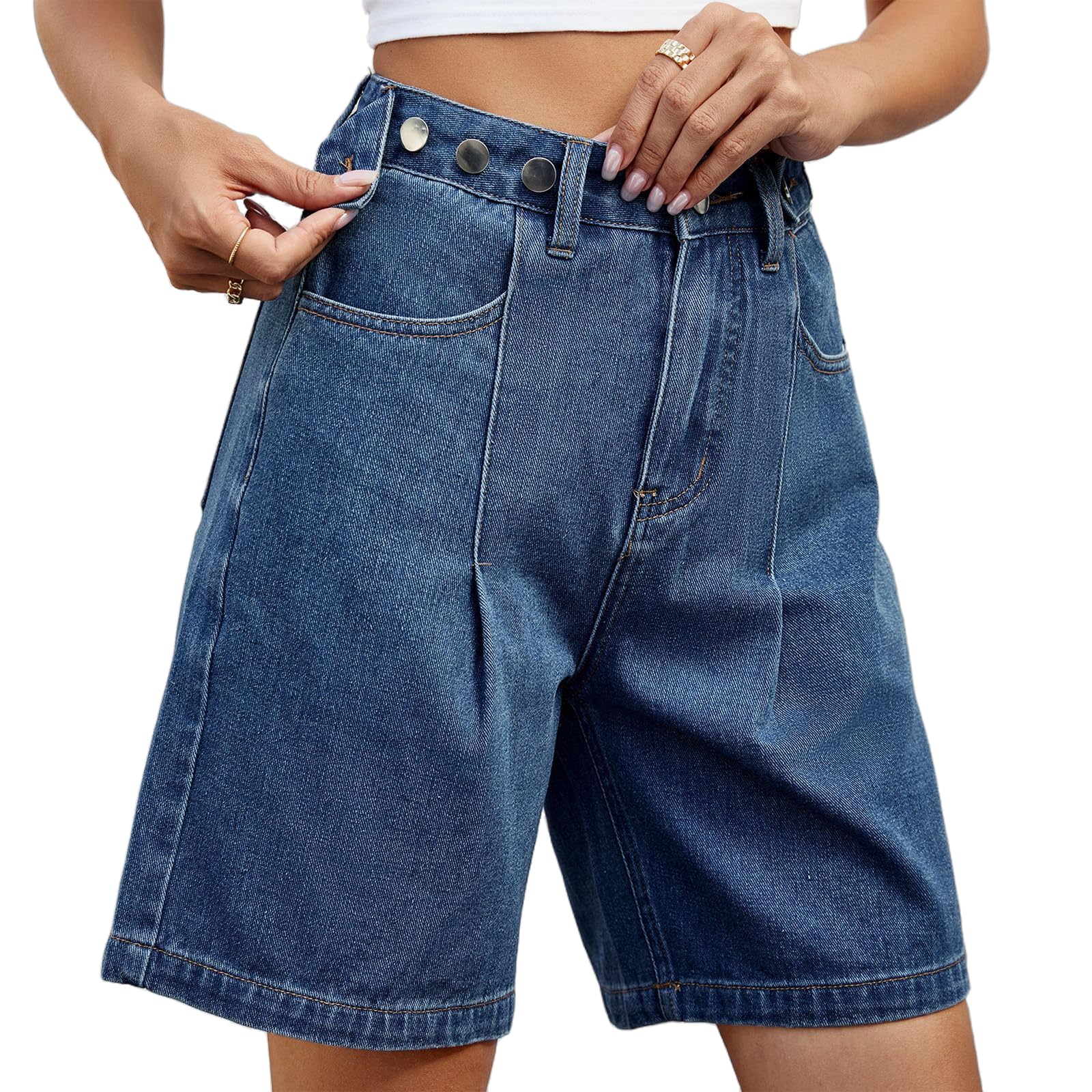 Women's High Waisted Knee Length Denim Shorts with Adjustable Button Waist - Bermuda Long Jean Shorts for Teen Girls | Perfect for Summer, Beach, Casual Wear & Street Style