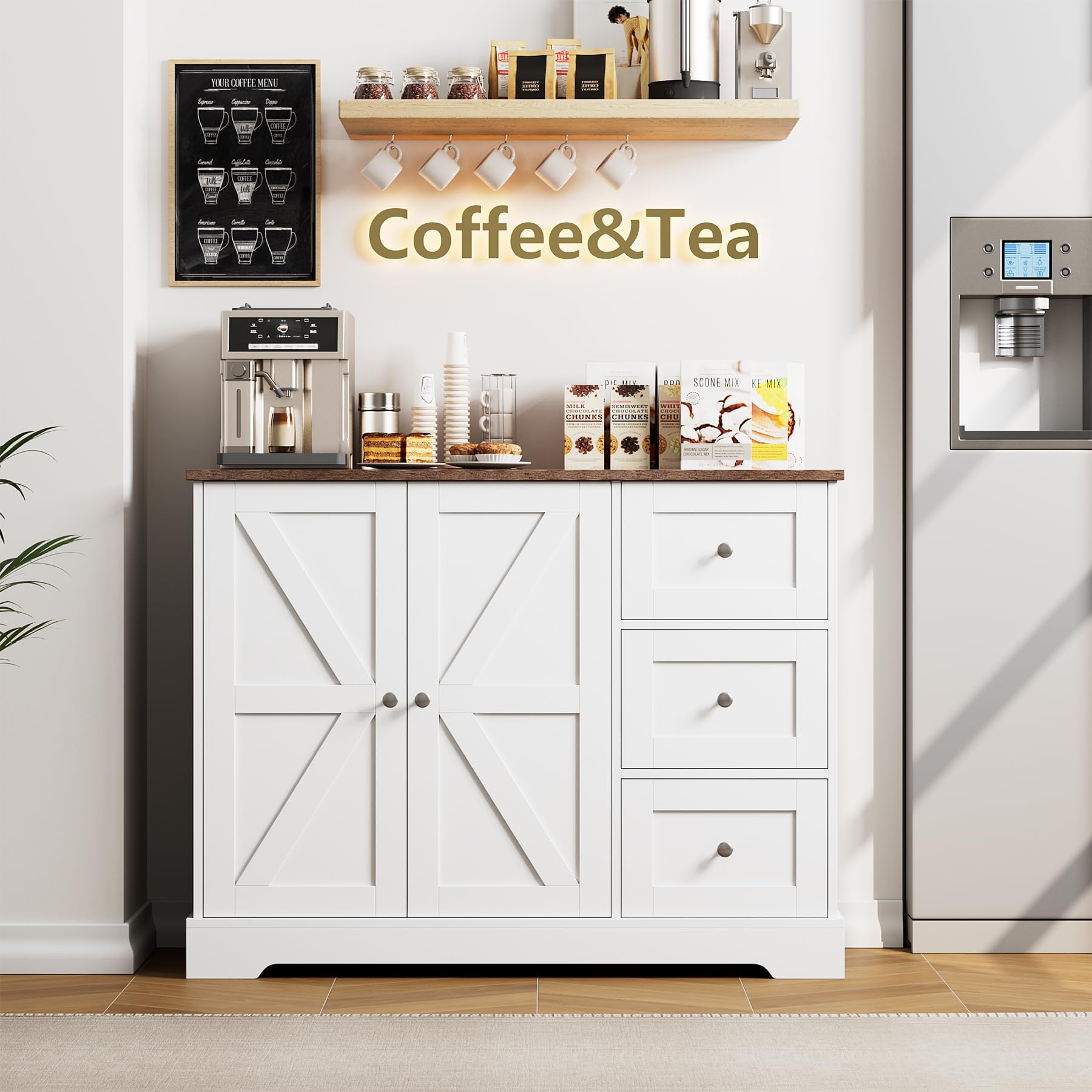 Farmhouse Style Sideboard Buffet Cabinet with Storage - 41.5 Inch White Kitchen Storage Cabinet with 3 Drawers & Open Shelves, Coffee Bar Organizer with Barn Doors - Perfect for Kitchen, Dining Room, Hallway or Entryway Storage Solution
