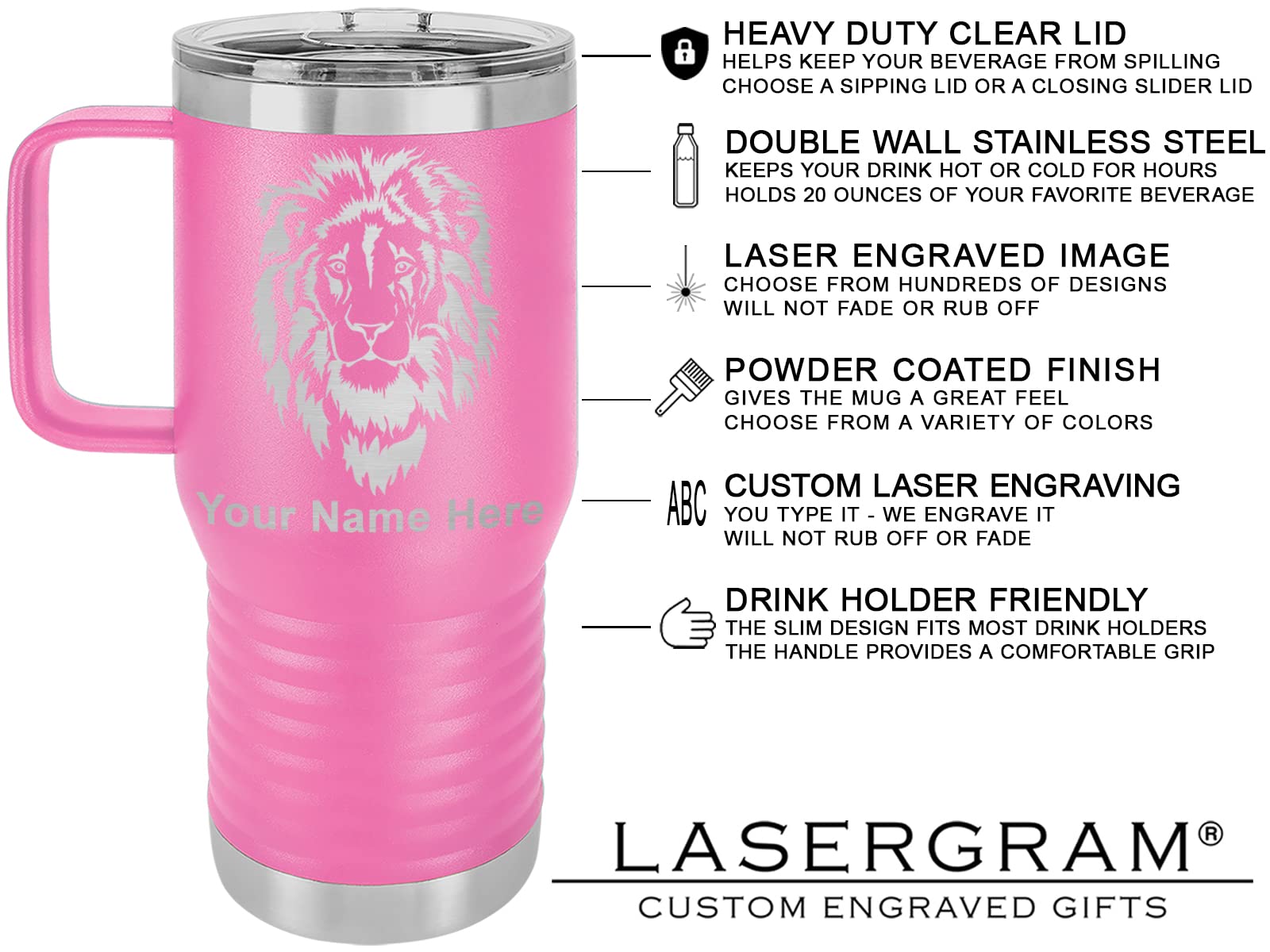 LaserGram 20oz Vacuum Insulated Stainless Steel Travel Mug with Handle - Custom Guatemala Flag Engraving, Hot & Cold Drink Tumbler - Perfect for Coffee, Tea, Camping, Office & Commuting (Pink)