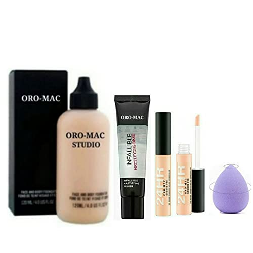 ORO-MAC Combo Studio Face & Body Foundation 120ml, Infallible Gel Primer, 24-Hour Studio Fix Concealer 7ml with Washable Blender Sponge (4-Piece Set) - Flawless Makeup Kit for Daily Use, Special Occasions & Professional Makeup Artists