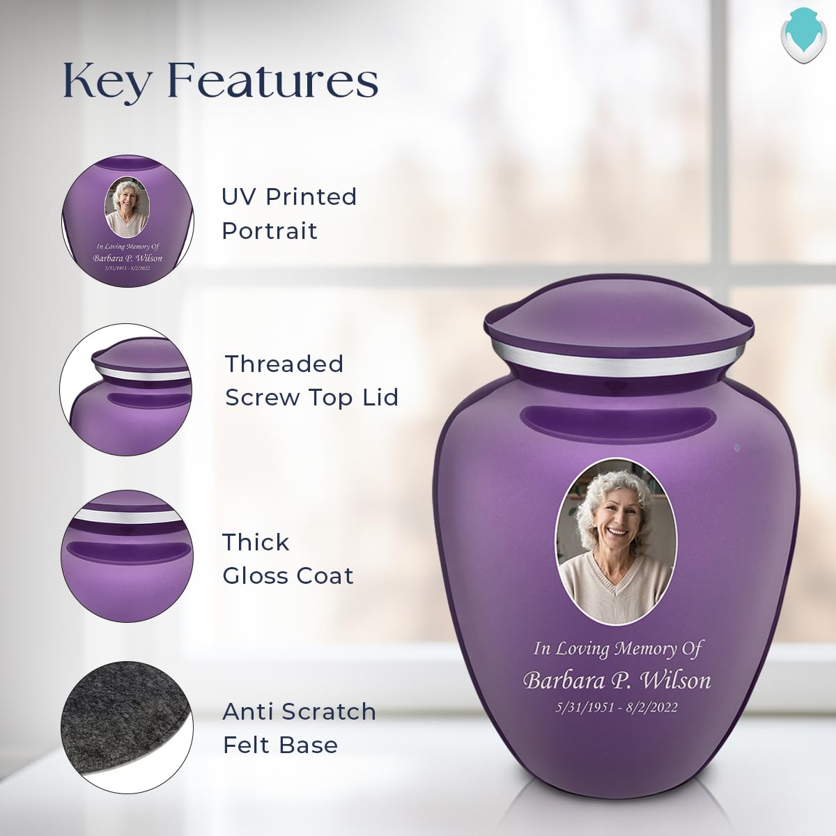 Personalized Picture Cremation Urn for Human Ashes - Large Purple Photo Urn for Adults (Holds 200 lbs) | Memorial Keepsake for Loved Ones | Perfect for Funeral Services & Home Memorial Displays