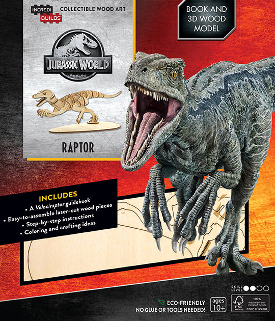 IncrediBuilds Jurassic World Raptor 3D Wood Model Kit with Book - DIY Dinosaur Puzzle for Kids & Adults - Perfect for Home Decor, STEM Learning, and Jurassic Park Fans