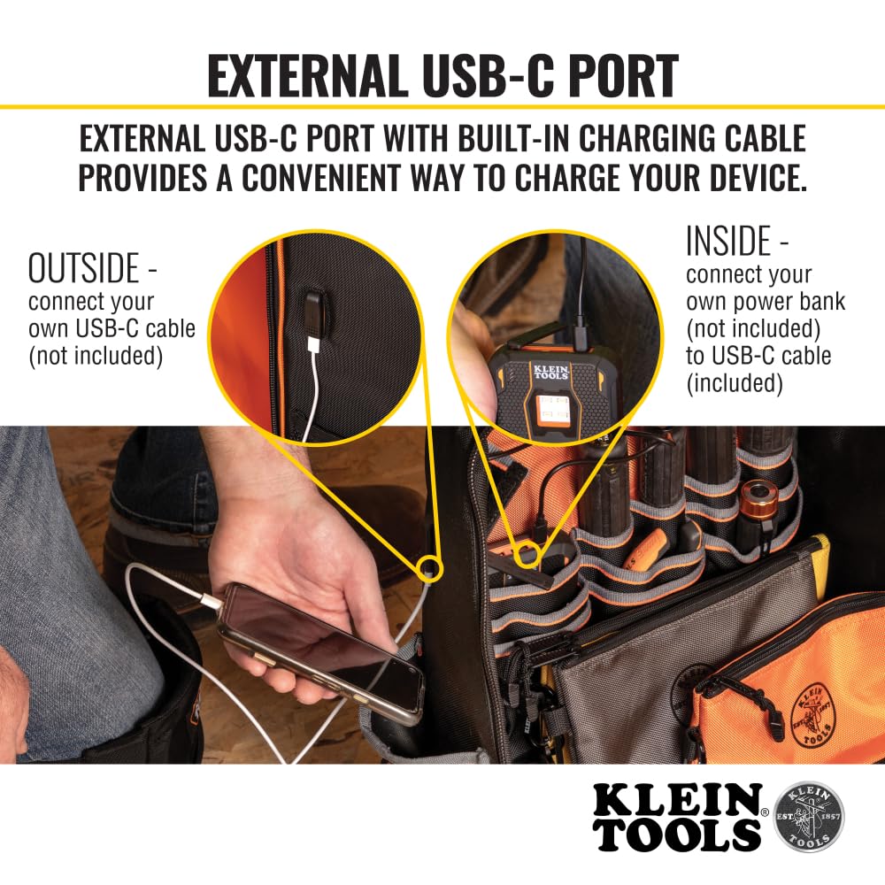 Klein Tools 62800BP Tradesman Pro Extra-Large 40-Pocket Electrician Backpack Tool Bag with Molded Bottom & Charging Port - Durable Jobsite Backpack for Electricians, Contractors & DIY Projects