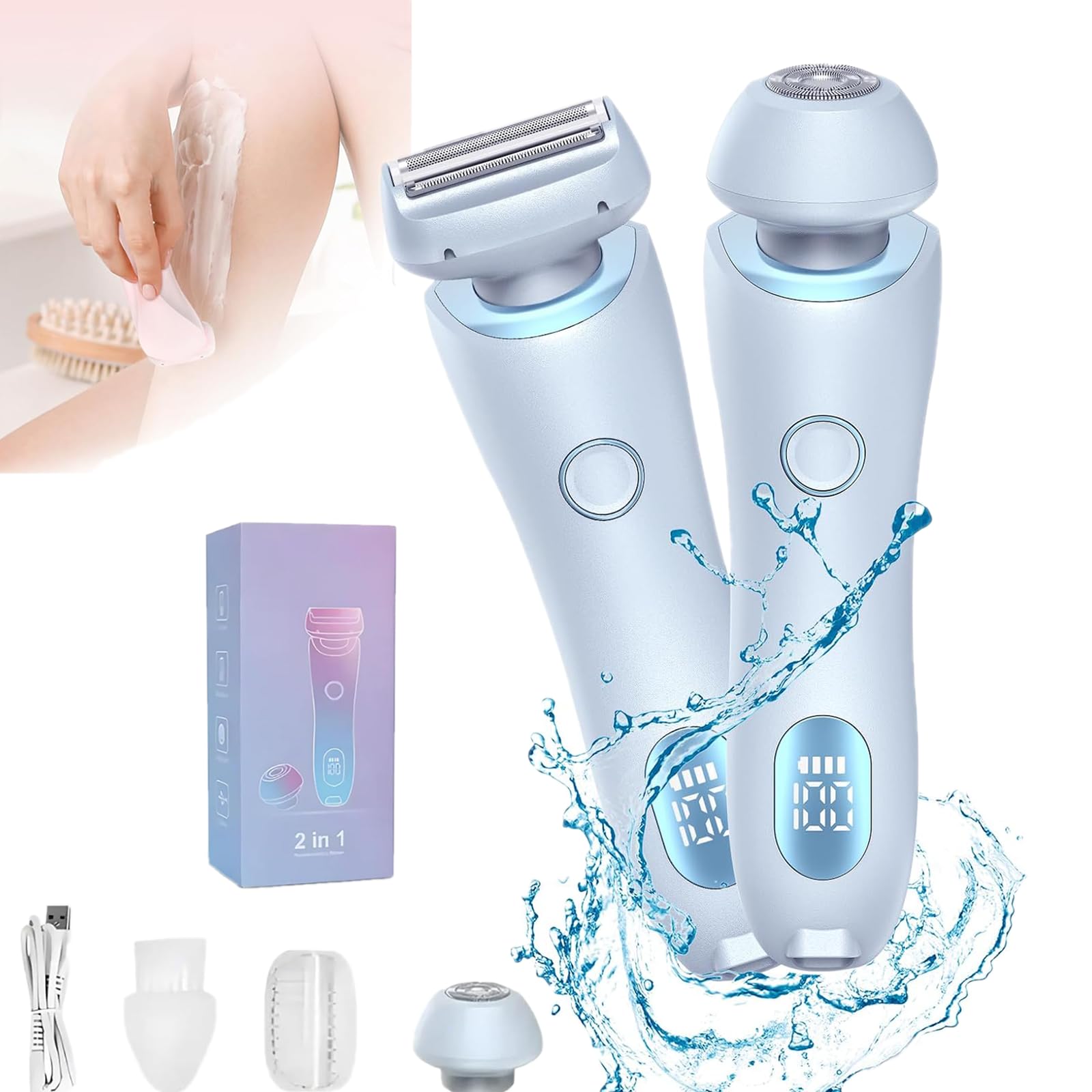 2 in 1 Electric Shaver for Women - Waterproof Wet & Dry Lady Shaver, Painless Bikini & Pubic Hair Trimmer, Portable Rechargeable Razor for Smooth Skin - Perfect for Travel, Gym & Home Use (Blue)