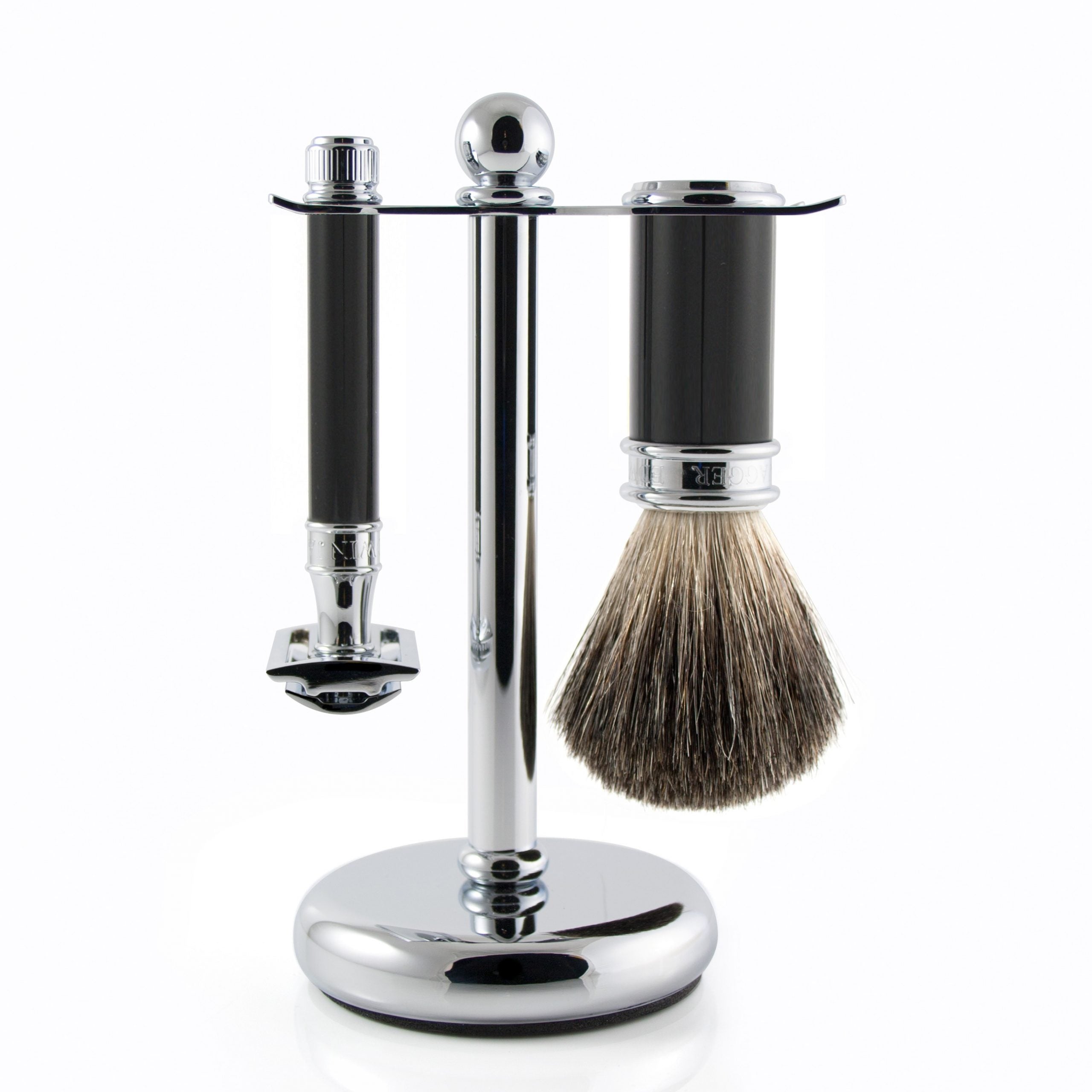 Edwin Jagger 3-Piece Black & Chrome Shaving Set for Men - Premium Safety Razor, Shaving Brush & Stand - Perfect Gift for Grooming & Travel