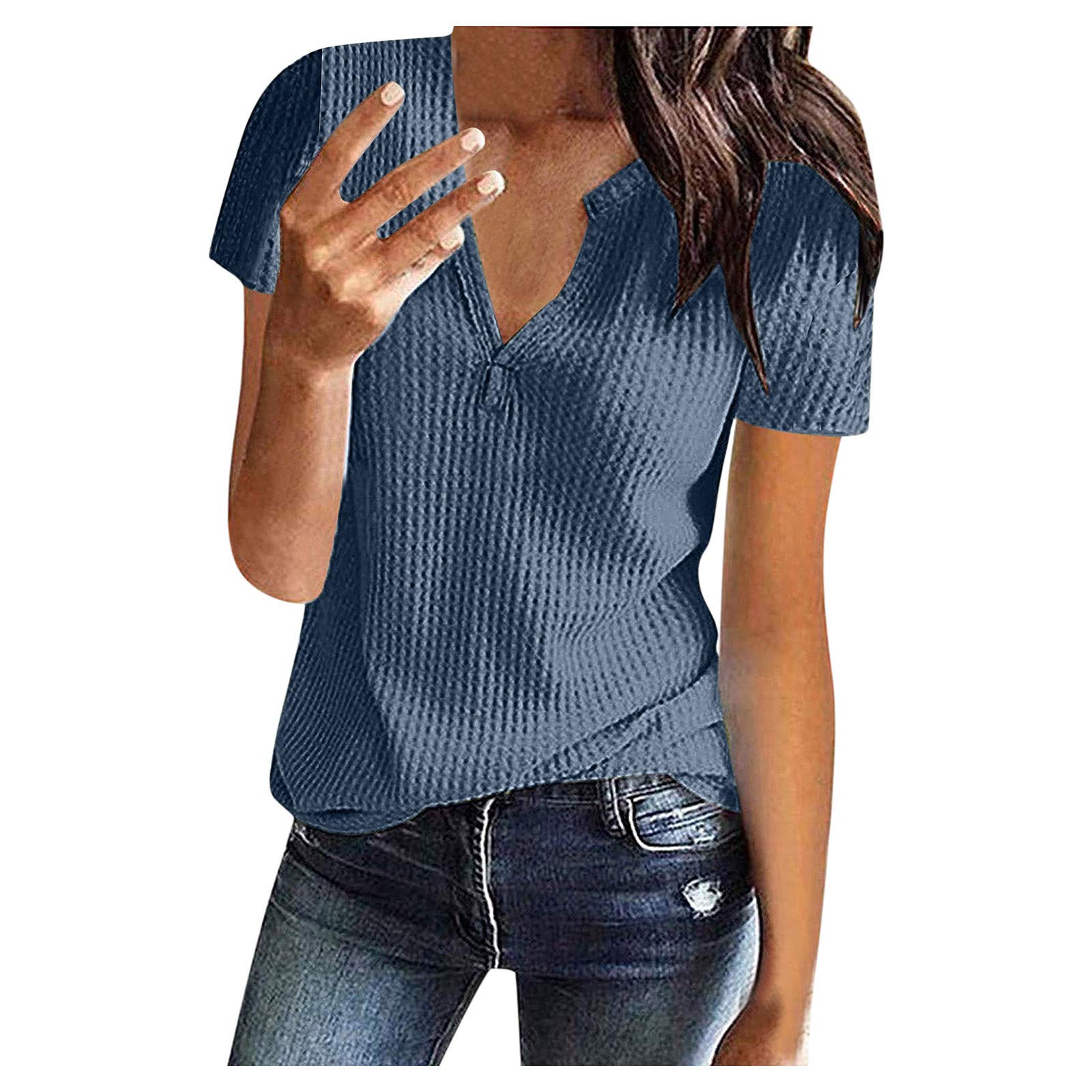 Women's Fitted Henley T-Shirt | Solid Color Short Sleeve V-Neck Waffle Knit Tunic Top | Casual Wear, Layering & Everyday Outfits