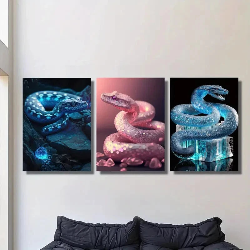3-Piece Glowing Snake Animal Statue - Metal Wall Art Print Ready to Hang - Perfect for Home Decor, Office & Halloween Party Decoration