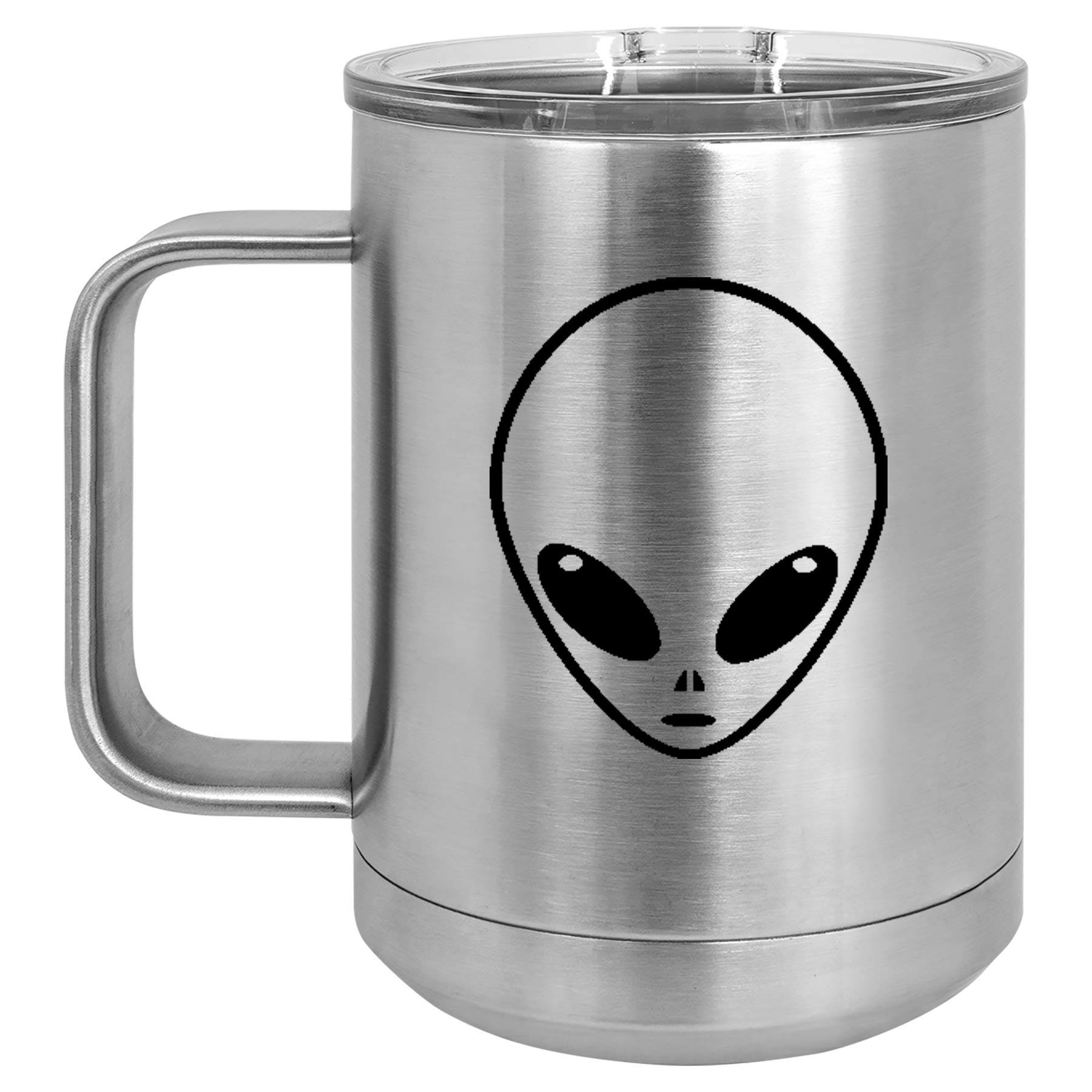 15 oz Stainless Steel Vacuum Insulated Tumbler with Handle & Lid - Alien Head Design (Silver) - Perfect for Coffee, Tea & Travel Mug for Office, Camping & Outdoor Activities